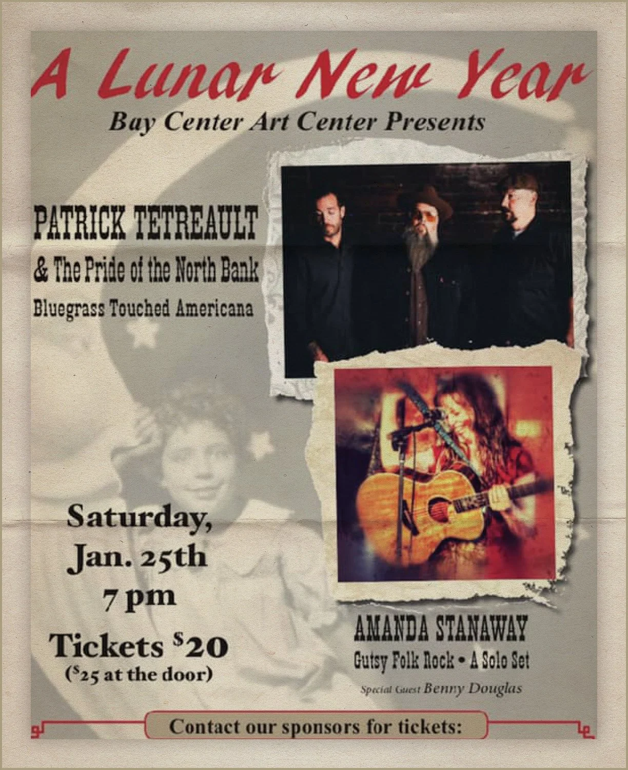 Flyer for a musical event titled "A Lunar New Year" at the Bay Center Art Center. Features a photo of a band with three men and another photo of a woman with long hair playing an acoustic guitar and singing into a microphone. The event is scheduled f