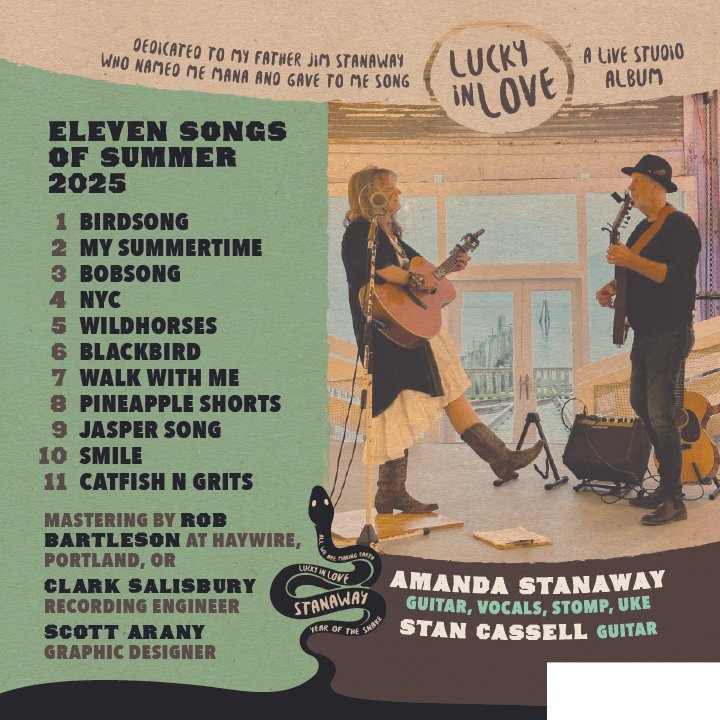 A promotional poster for 'Eleven Songs of Summer 2025,' dedicated to Jim Stanaway, featuring an image of two musicians performing with guitars inside a room with windows that show an outdoor view. The poster lists the song titles and credits several music professionals involved in the album, including Amanda Stanaway, Stan Cassell, Rob Bartleson, Clark Salisbury, and Scott Arany.