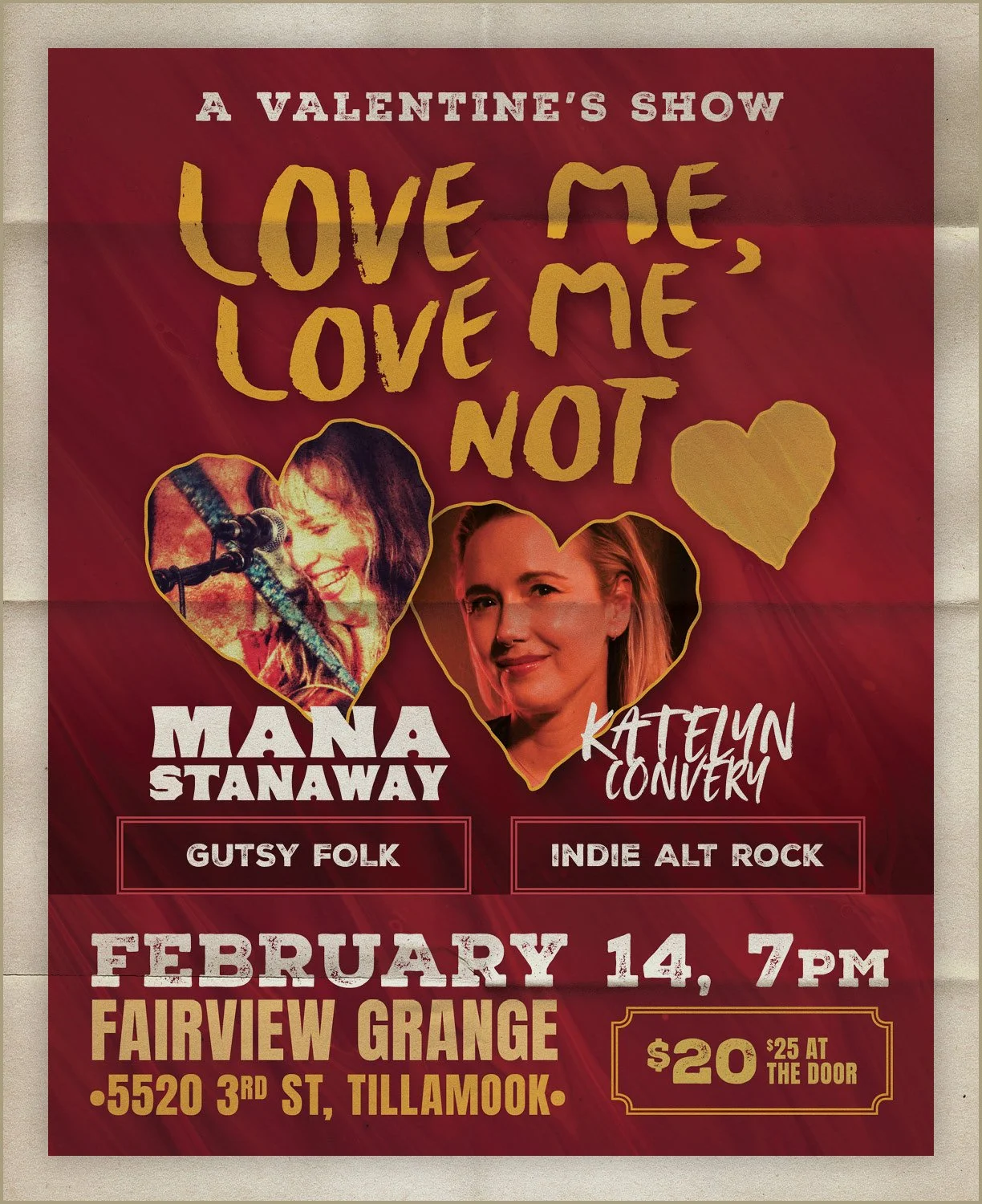 Valentine's show poster featuring Mana Stanfay and Katelyn Convery, with images of both women in heart outlines. Event details include date, time, location at Fairview Grange, and ticket prices.