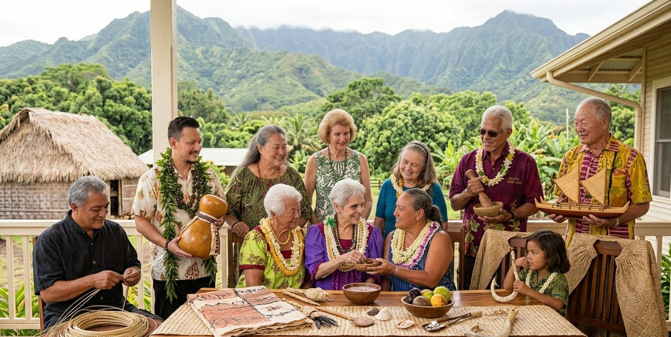 Hawaiian family gathering on a porch with a mountainous landscape in the background, people dressed in traditional attire, sharing food and crafts.