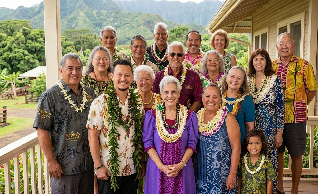 Group of adults and a child standing on a porch, dressed in Hawaiian shirts and leis, smiling with a mountain and lush greenery in the background.