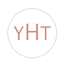 A minimalist logo with the letters YHT in rose gold inside a thin circle