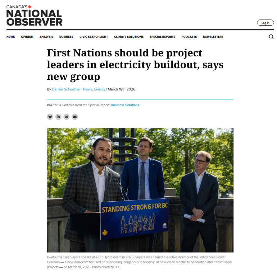 National Observer: First Nations should be project leaders in electricity buildout, says new group