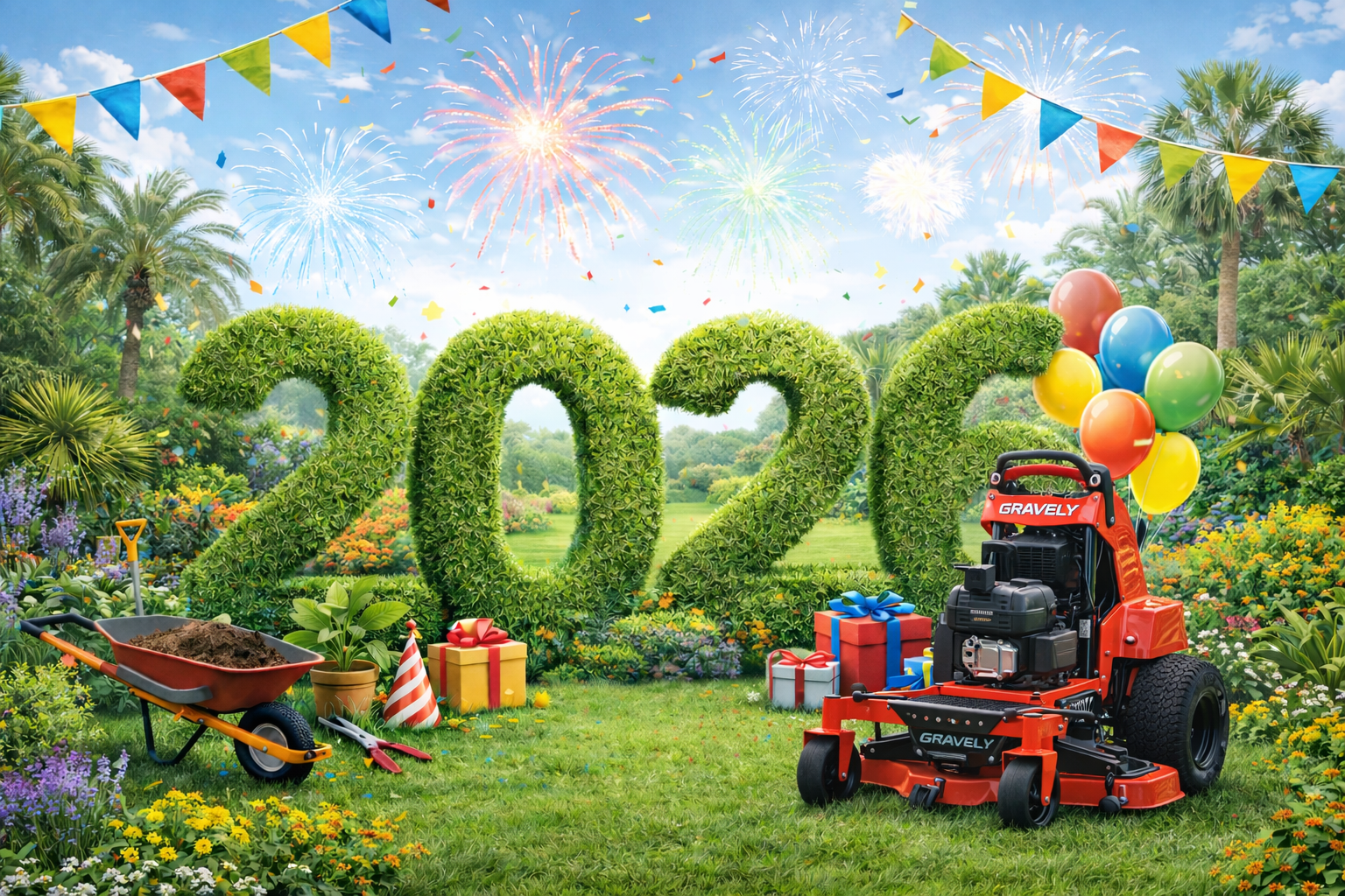Celebration scene with large '2026' made of green foliage, fireworks in the sky, colorful balloons tied to a lawn mower, presents, and gardening tools in a lush garden setting.