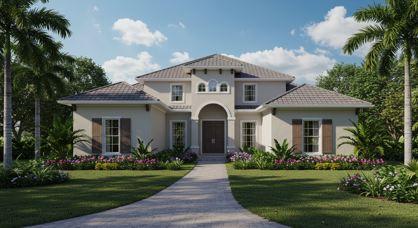 Front view of a large, white two-story house with brown shutters, a tiled roof, and a paved walkway leading to the front door, surrounded by green lawn, palm trees, and flowering bushes.