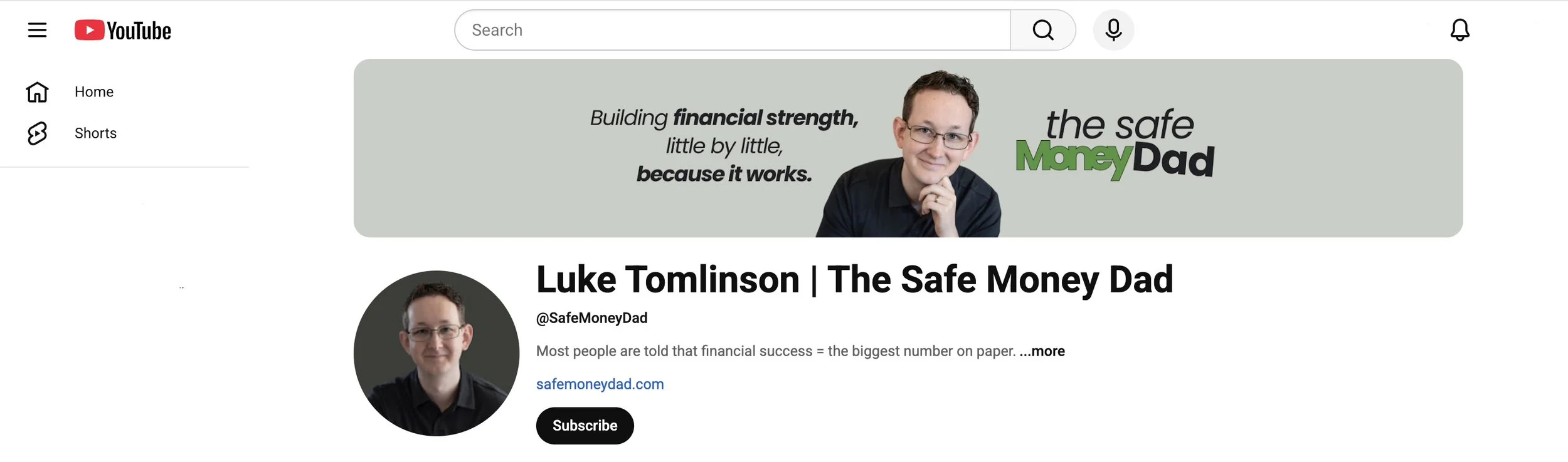 YouTube channel page for Luke Tomlinson, The Safe Money Dad, with a photo of him and a banner saying 'Building financial strength, little by little, because it works.'