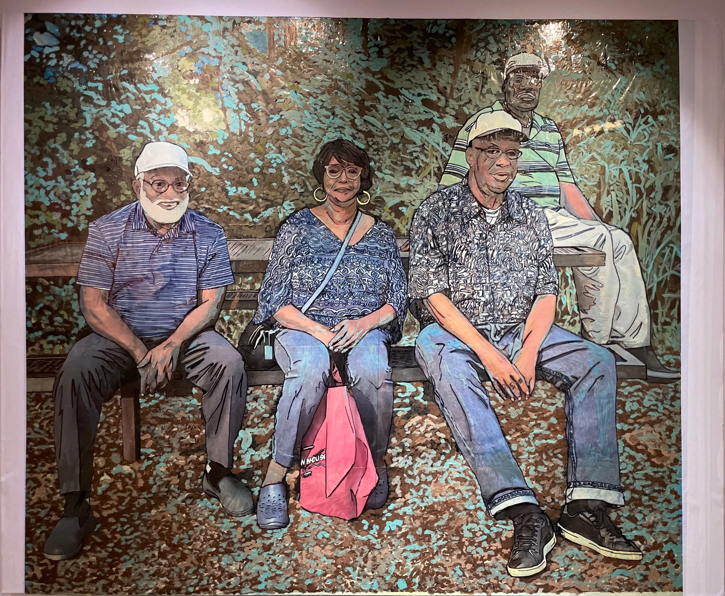 A painting of four people sitting on a park bench surrounded by greenery. The individuals are casually dressed and appear to be enjoying a day outdoors.