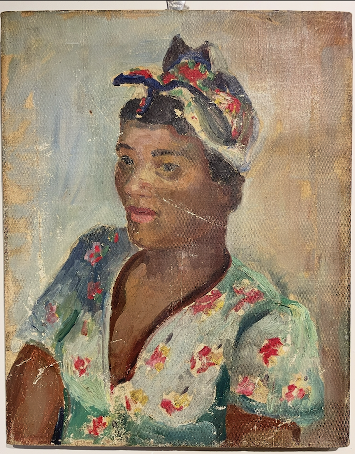 A portrait painting of a woman wearing a colorful headscarf and a floral dress, with a neutral background. Whitney Stanley Art