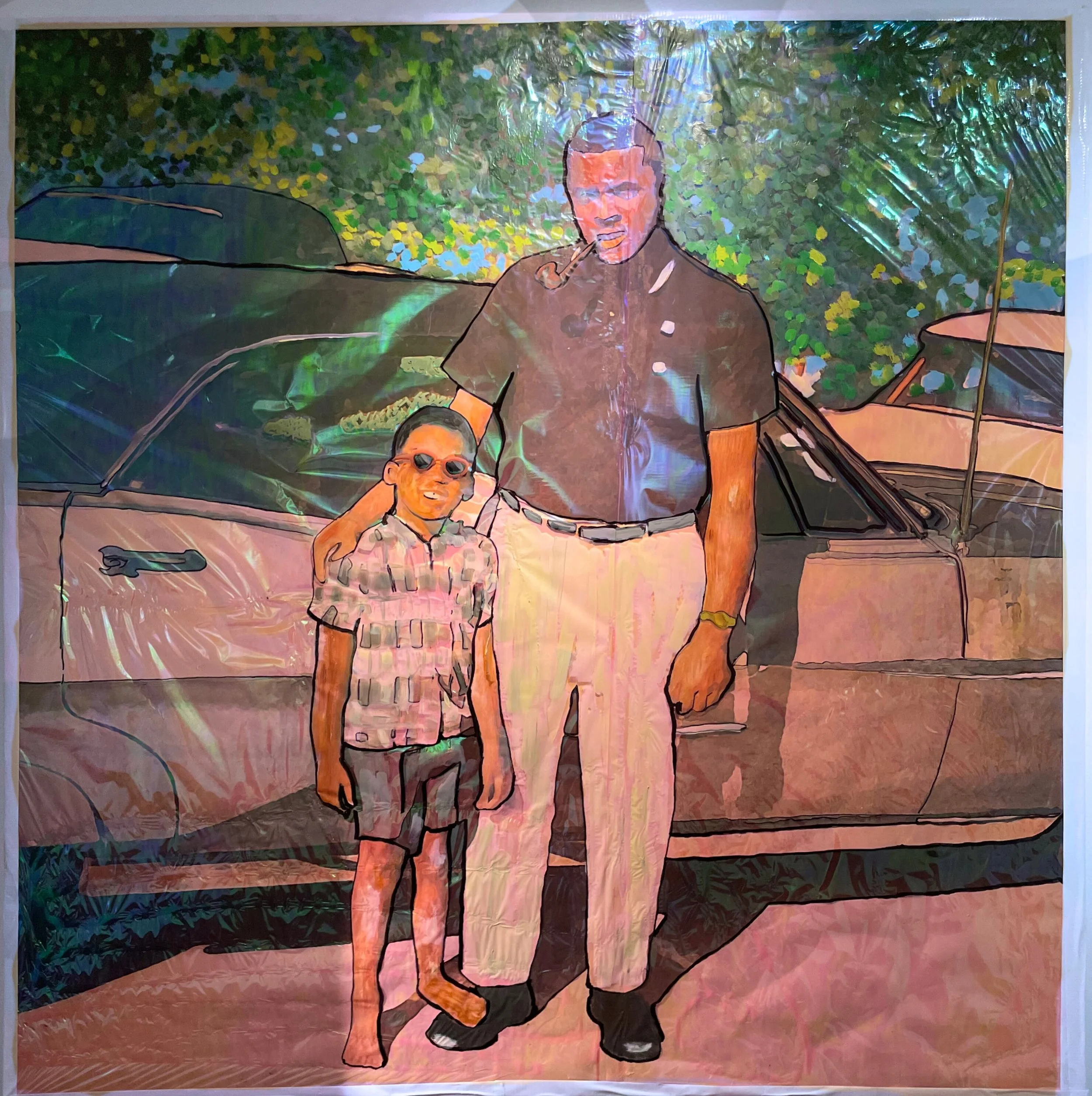 A brother and a young boy stand in front of a brown car, surrounded by green trees. The adult is dressed in a dark shirt and light-colored pants, holding a cigarette, while the child wears sunglasses, a plaid shirt, and shorts. Whitney Stanley Art