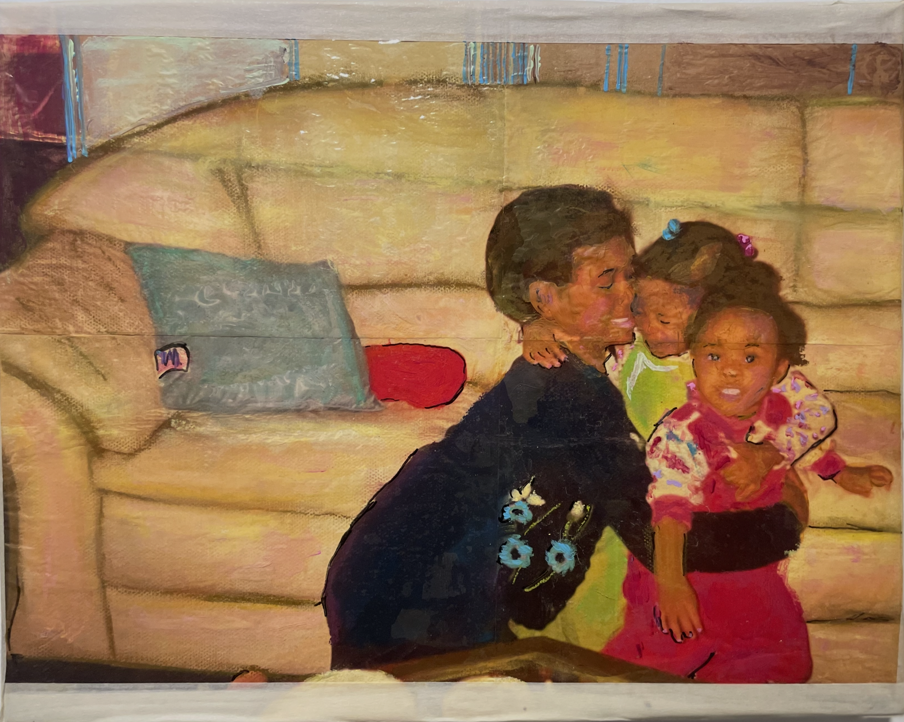 A woman sitting on a beige couch with three young children, one of whom is sitting on her lap, smiling and hugging her. The children are dressed in colorful clothing, and the woman is wearing a dark blue top.  Whitney Stanley Art
