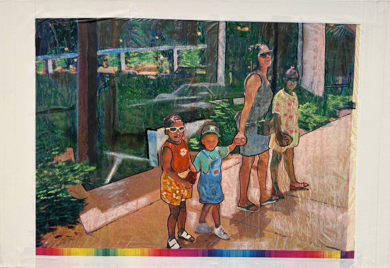 A woman and three children walking on a sidewalk holding hands. The woman is wearing sunglasses and a sleeveless dress. The children are dressed in colorful summer clothing, with two girls and a boy. Art by Whitney D. Stanley