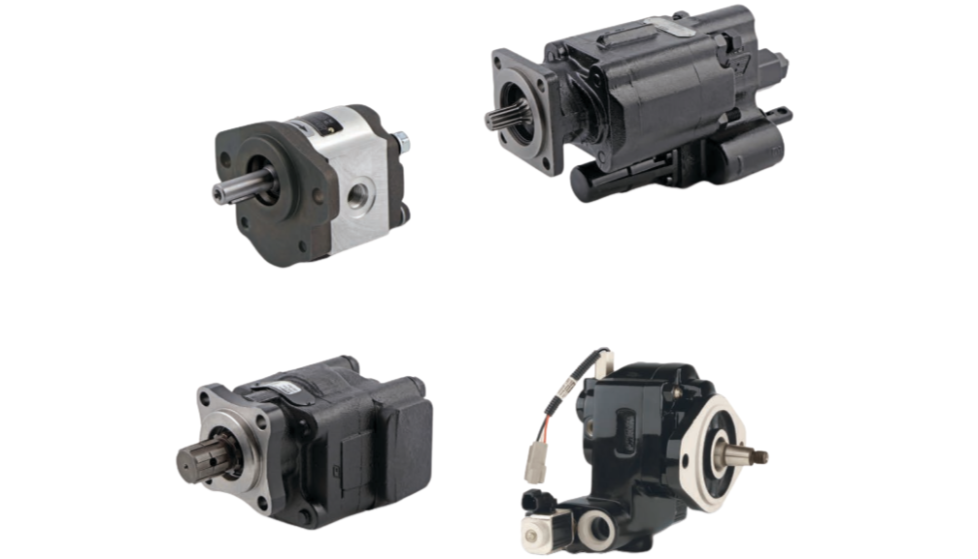 Four different hydraulic pumps arranged in a grid against a white background.
