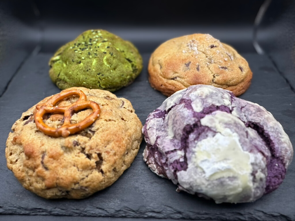 Blunderbuss Baking Co. small batch Asian-inspired cookies — matcha sesame, bourbon espresso dark chocolate, miso pretzel, and ube halaya, Kirkland, Washington.