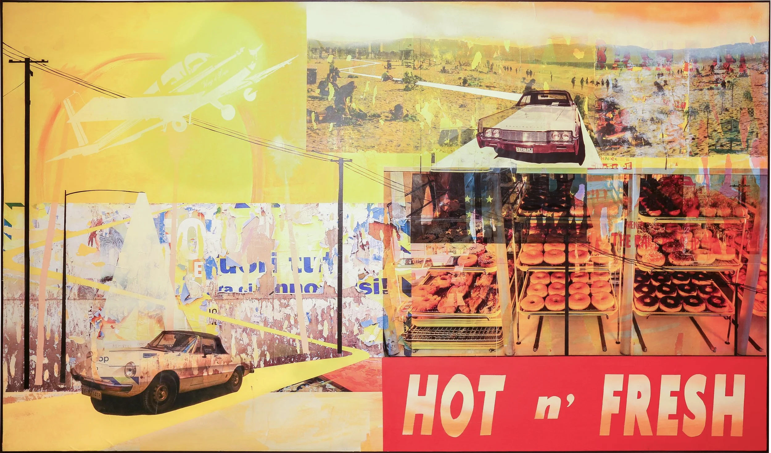 Colorful collage featuring flying airplane silhouette, a car, a roadside donut stand with trays of donuts, a sandy field with people and equipment, and the words "HOT n' FRESH." Artwork by British artist, Harry Cartwright