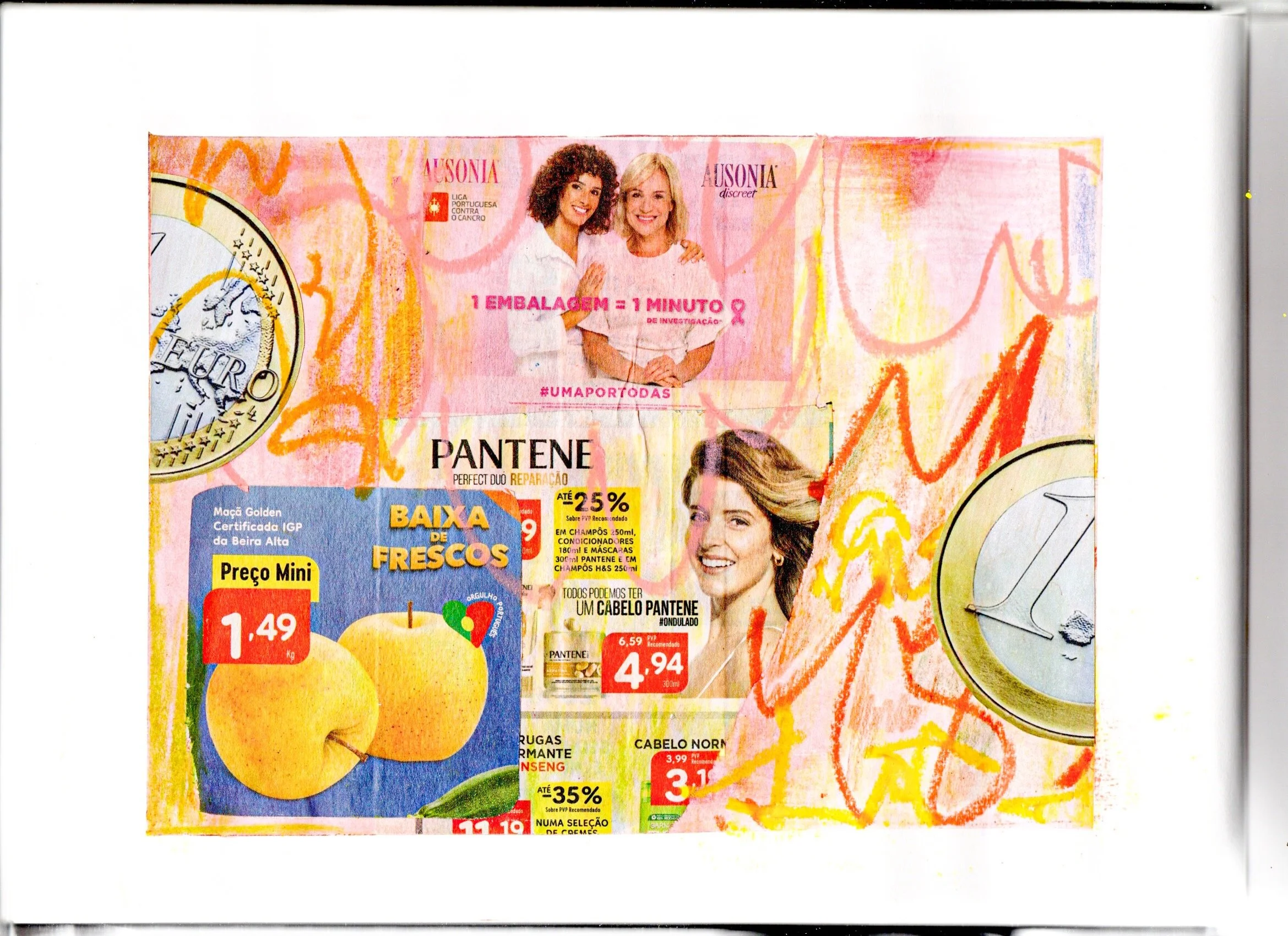 A colorful advertisement flyer with various products, including apples and hair care items, along with promotional text and photos of smiling women.