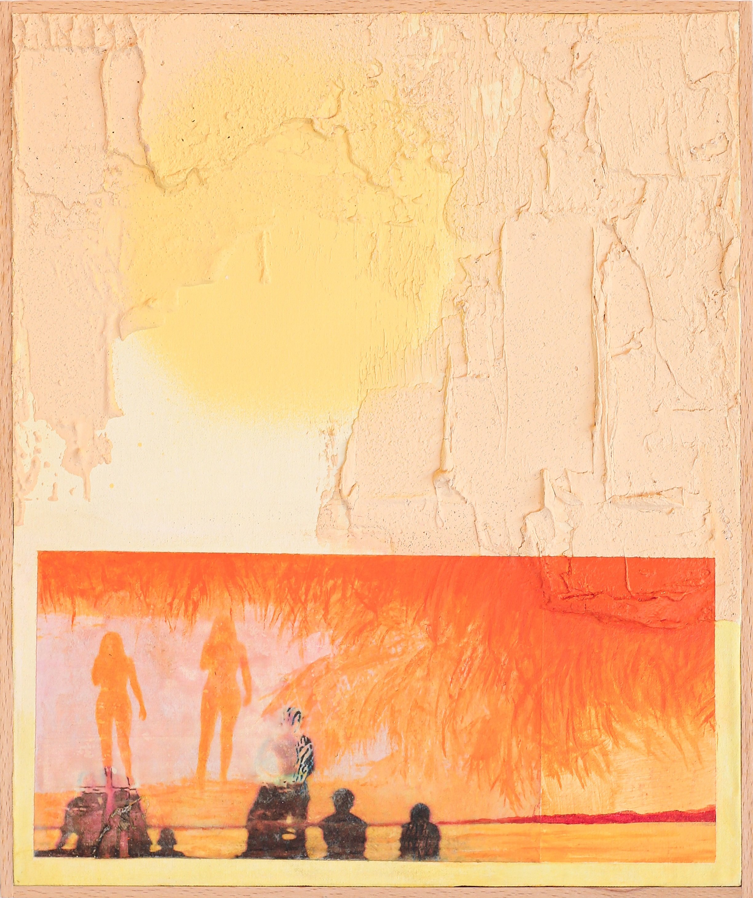 An artwork depicting a scene with five people in front of a large body of water during sunset, with silhouettes of two women walking and a child sitting. The background features an orange sky with a large tree and reflections on the water.