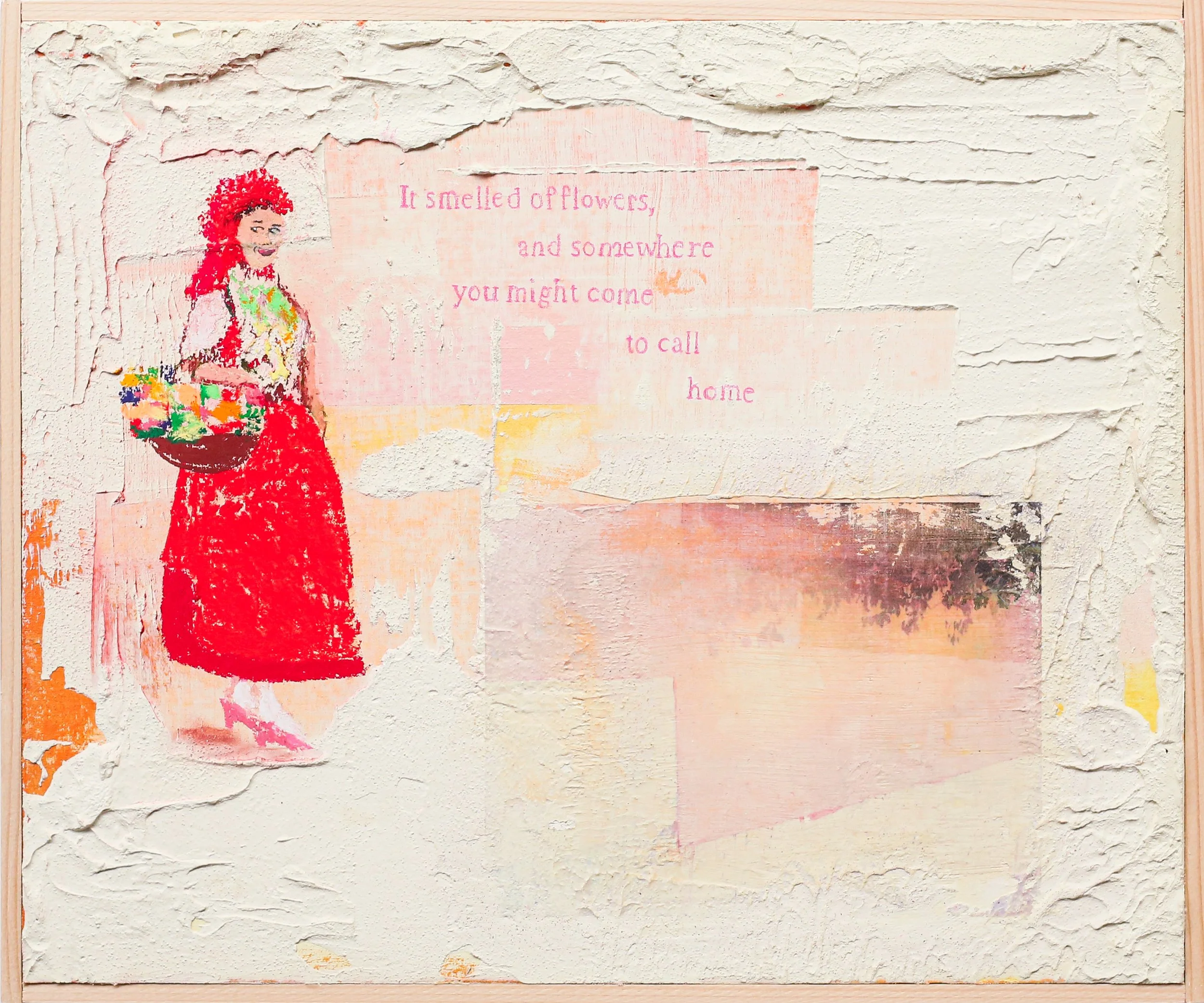 A textured wall mural featuring a woman with curly red hair holding a basket of flowers, near a quote that reads, "It smelled of flowers, and somewhere you might come to call home."