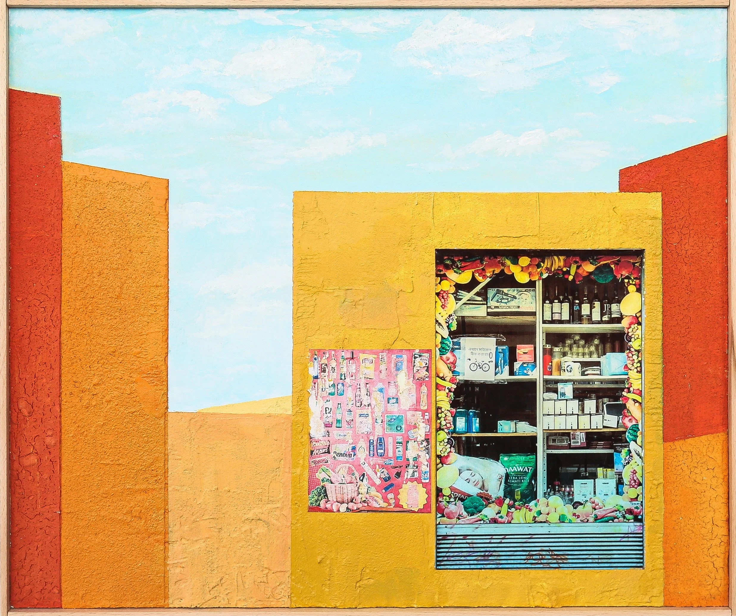 A colorful yellow building with a window and display of household items, framed by mural decorations made of colorful artificial fruits and flowers, against a blue sky with clouds.