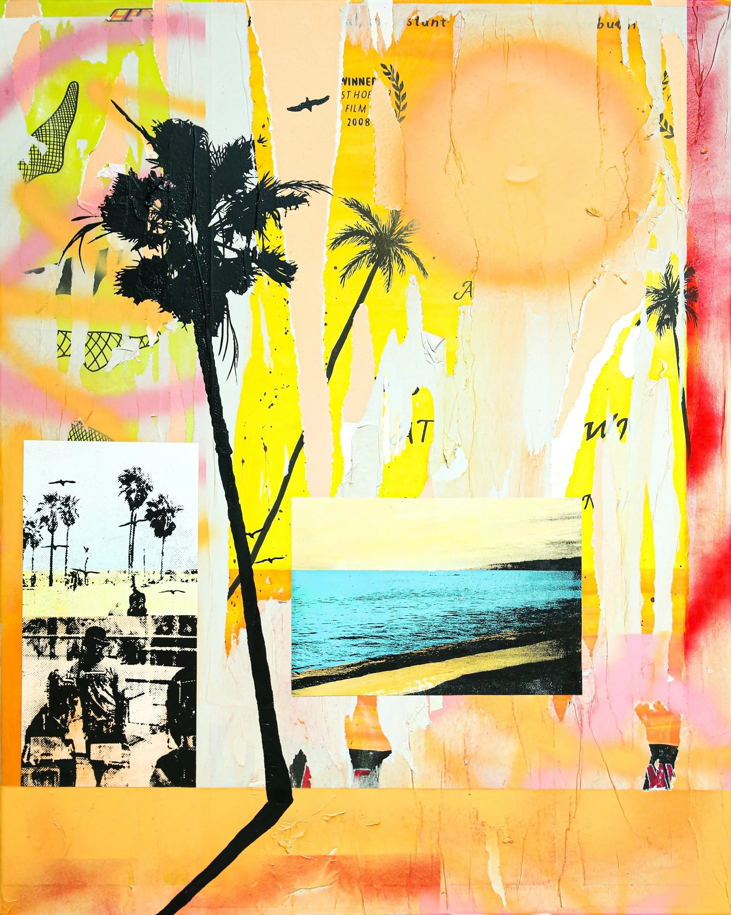 Mixed media collage featuring silhouettes of palm trees and a beach scene, with layered torn paper and splashes of pink, yellow, and orange colors. Artwork by British artist, Harry Cartwright