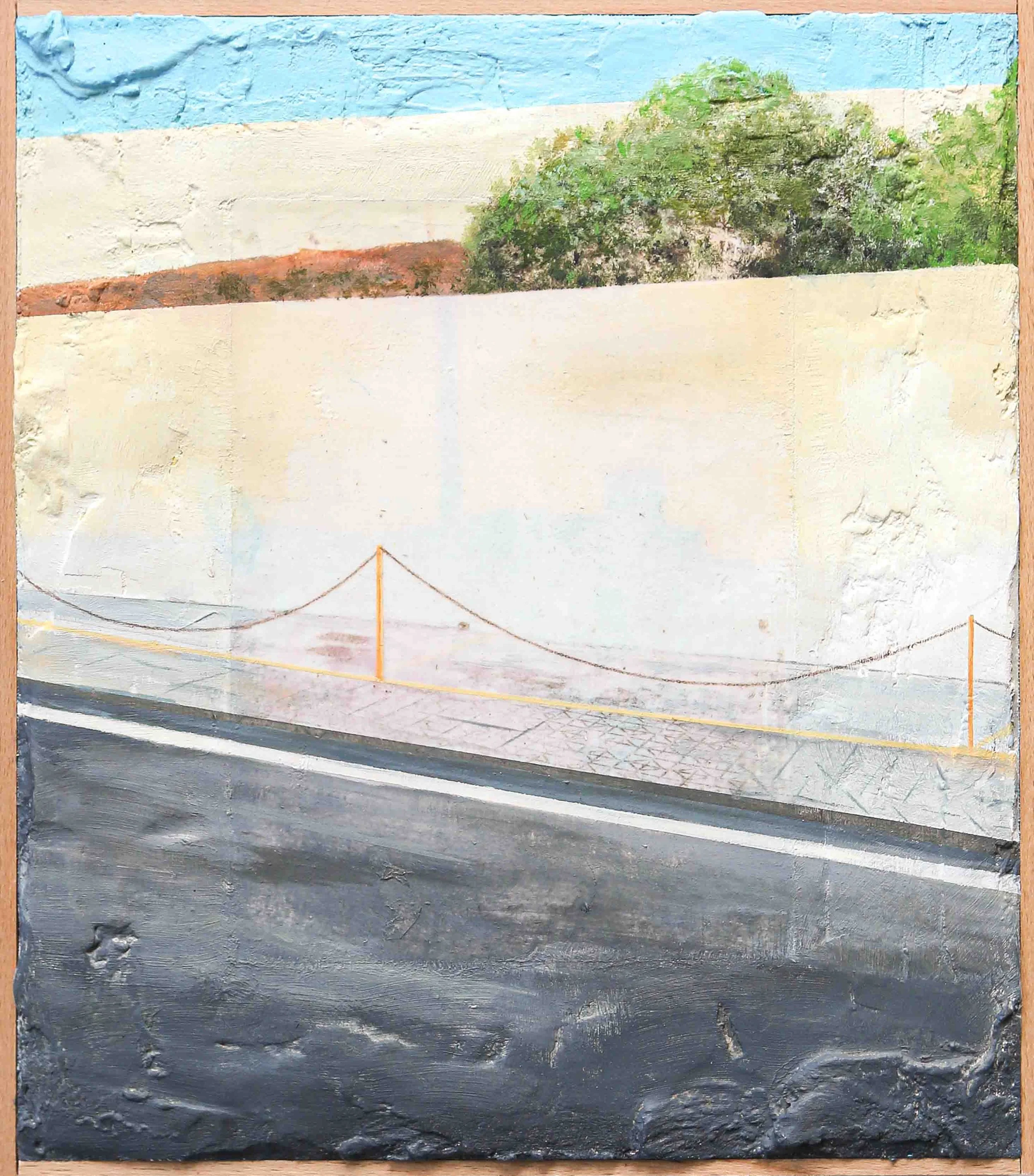 A mural painting depicting a landscape scene with a blue sky, a green bush, and a wall with a sidewalk and street in the foreground.