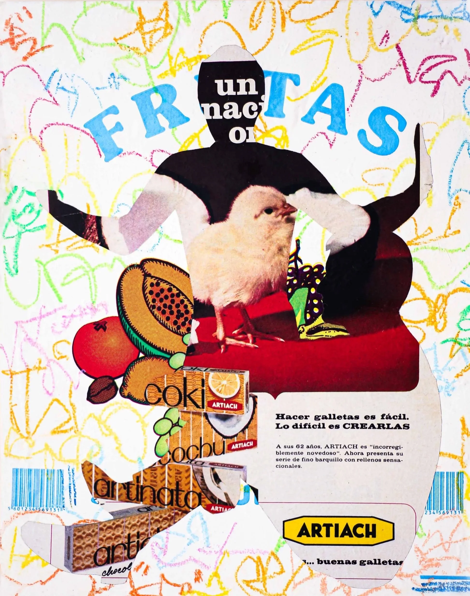 Collage-style art piece featuring a rooster, various fruits, and text in Spanish, including the word 'un'. Colorful, layered elements with scribbles in the background.