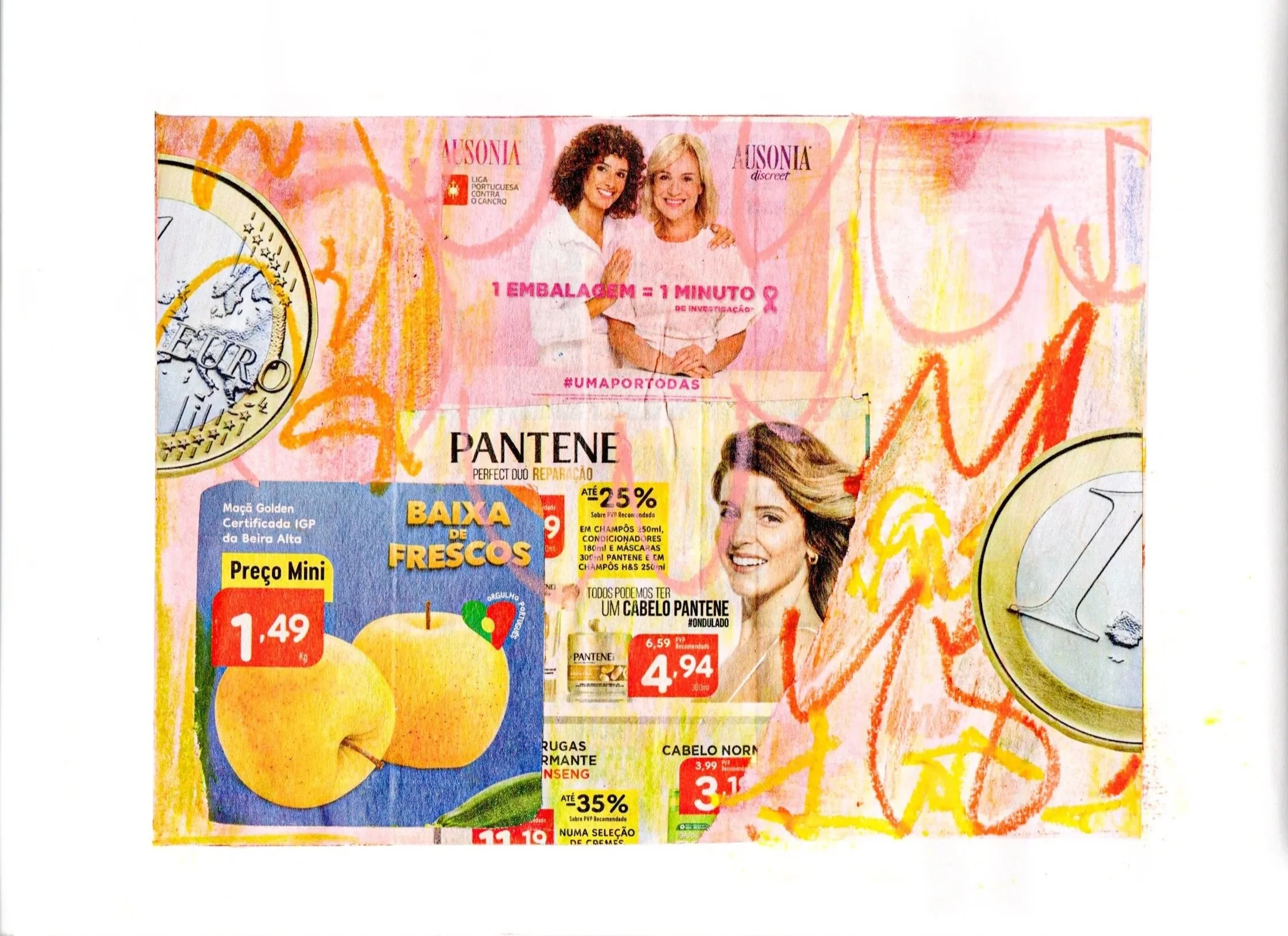 A colorful advertisement flyer with various products, including apples and hair care items, along with promotional text and photos of smiling women.