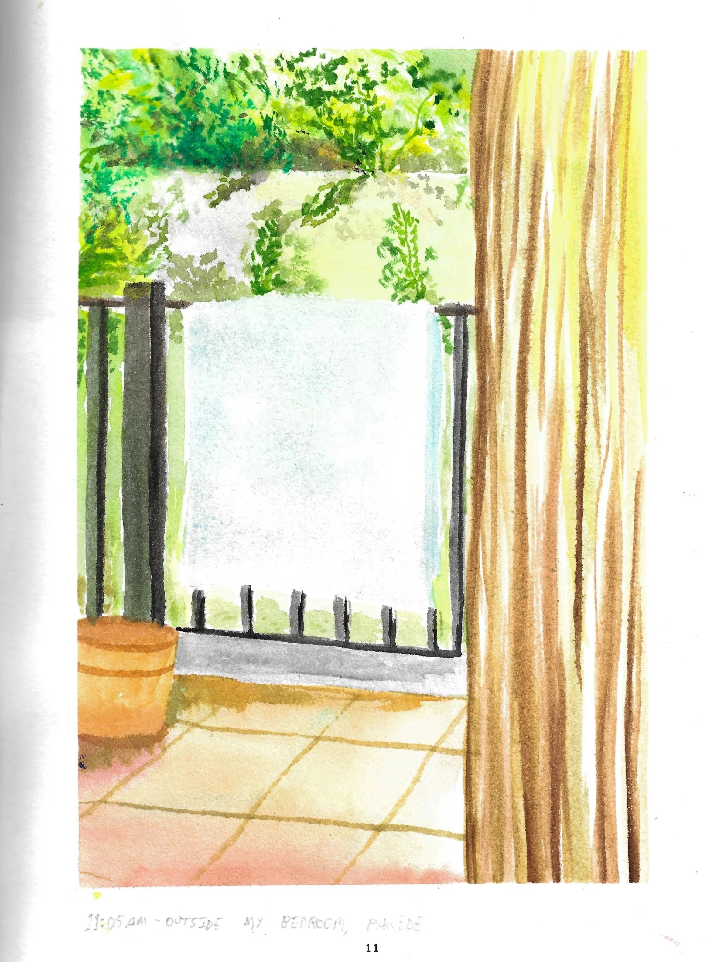 Watercolor painting of a balcony view with a potted plant, black railing, green trees in the background, a white towel hanging on the railing, tile flooring, and a brown curtain on the right side.