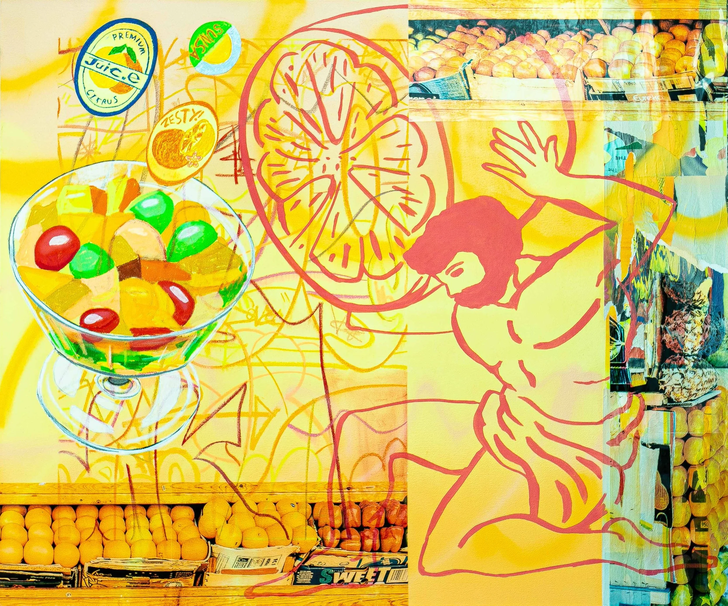 A colorful display of fruit slices in a bowl, lemons and other fruits in the background, with a red outline drawing of a lion on a yellow background overlaying the image.