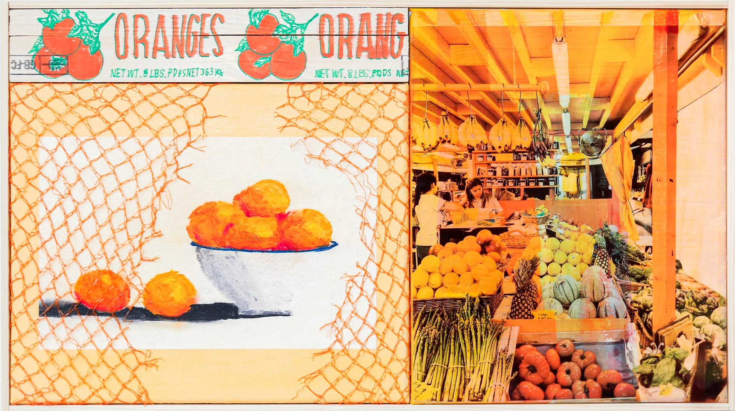 Side-by-side image with a hand-drawn illustration of oranges on the left and a fruit market on the right. The illustration features a bowl of oranges and a few on a cloth, with a sign above reading 'Oranges.' The market displays various fruits such as pineapples, melons, apples, and asparagus, with two women shopping among the produce.