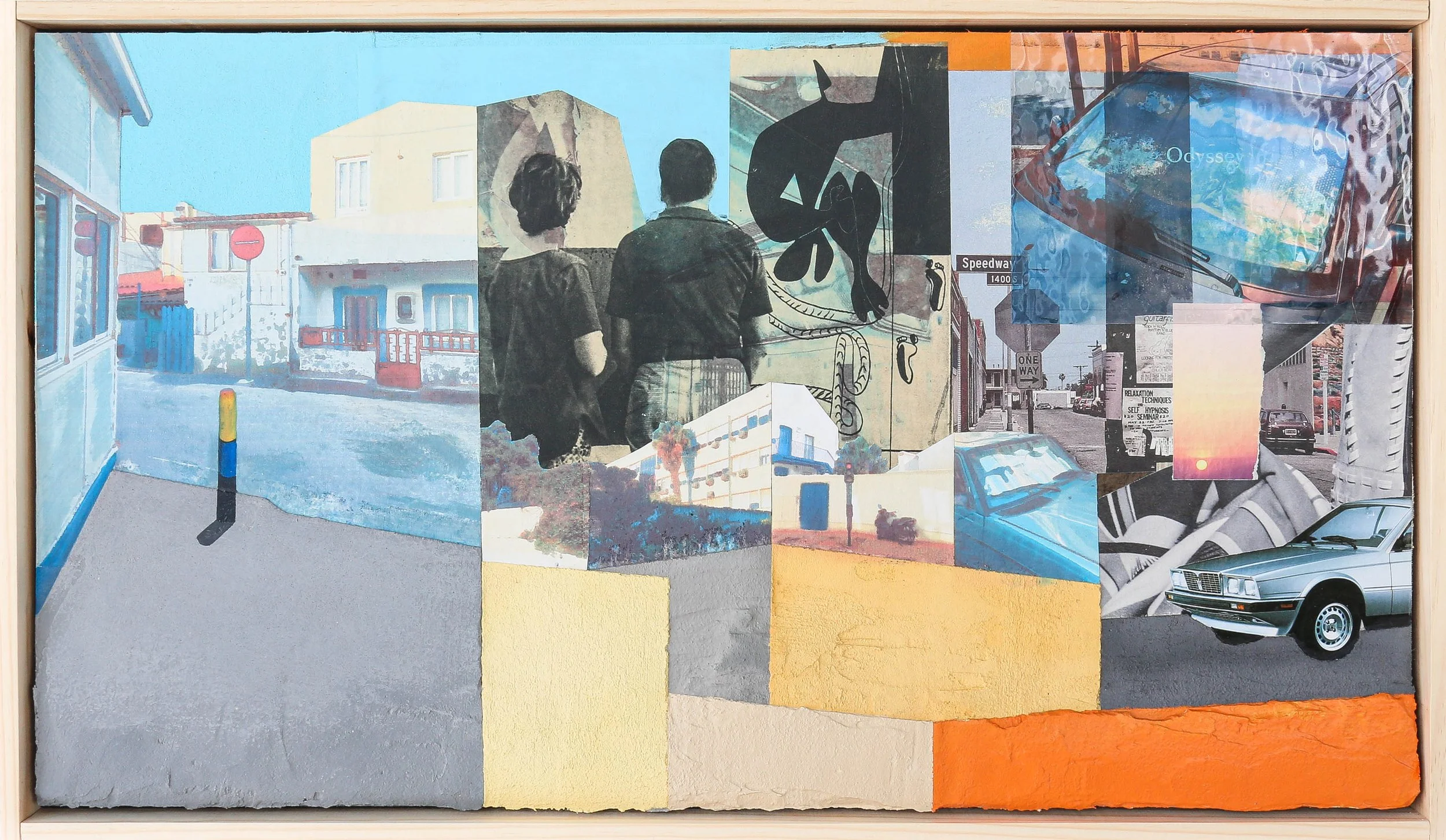 Mixed-media collage featuring urban street scenes, vintage cars, abstract shapes, and a painting of two people with their backs turned, looking at a mural of a black dog.