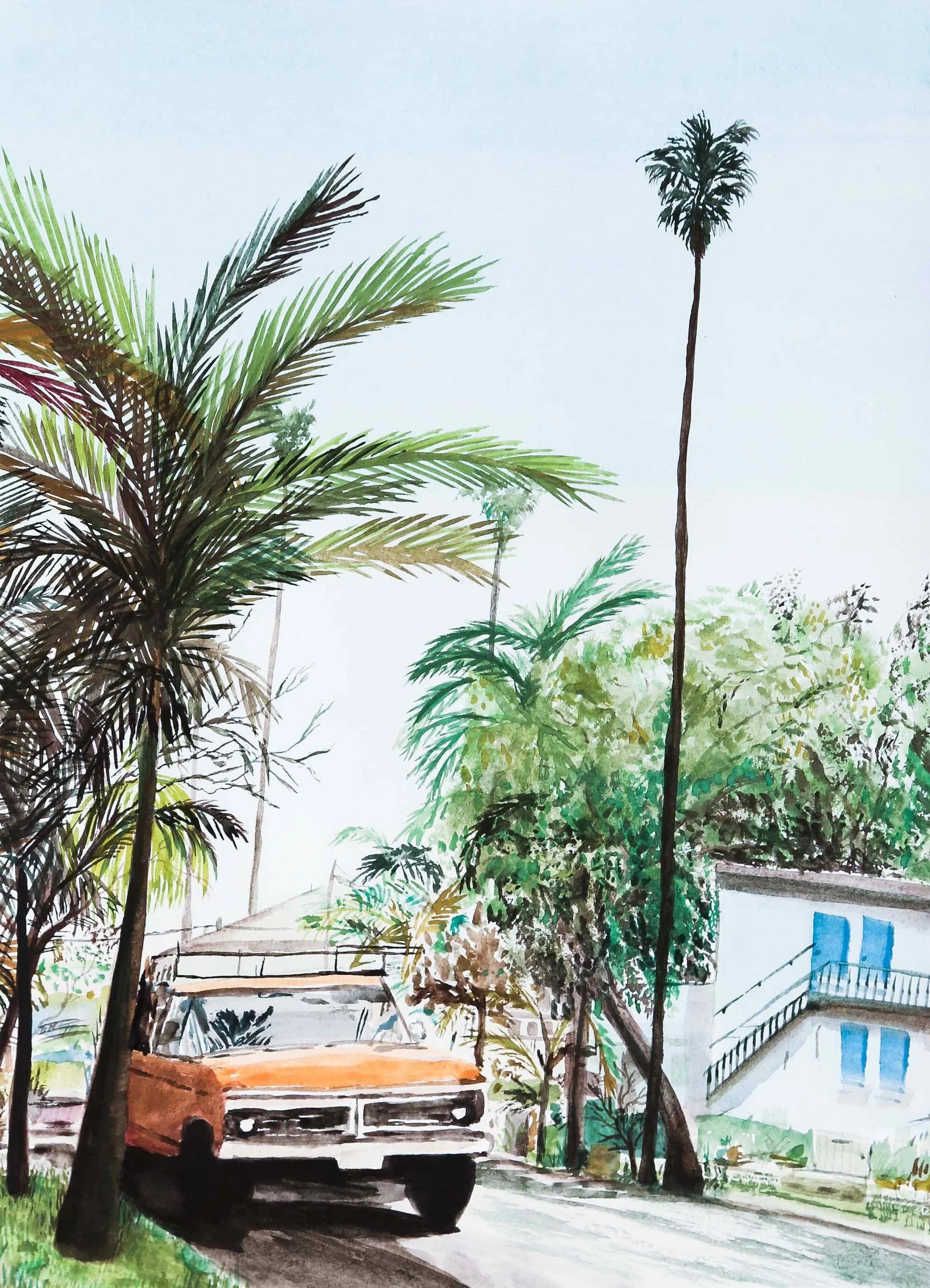 Watercolor painting of a street scene with palm trees, a white building with blue shutters, and an orange truck parked on the side of the road. Artwork by British artist, Harry Cartwright