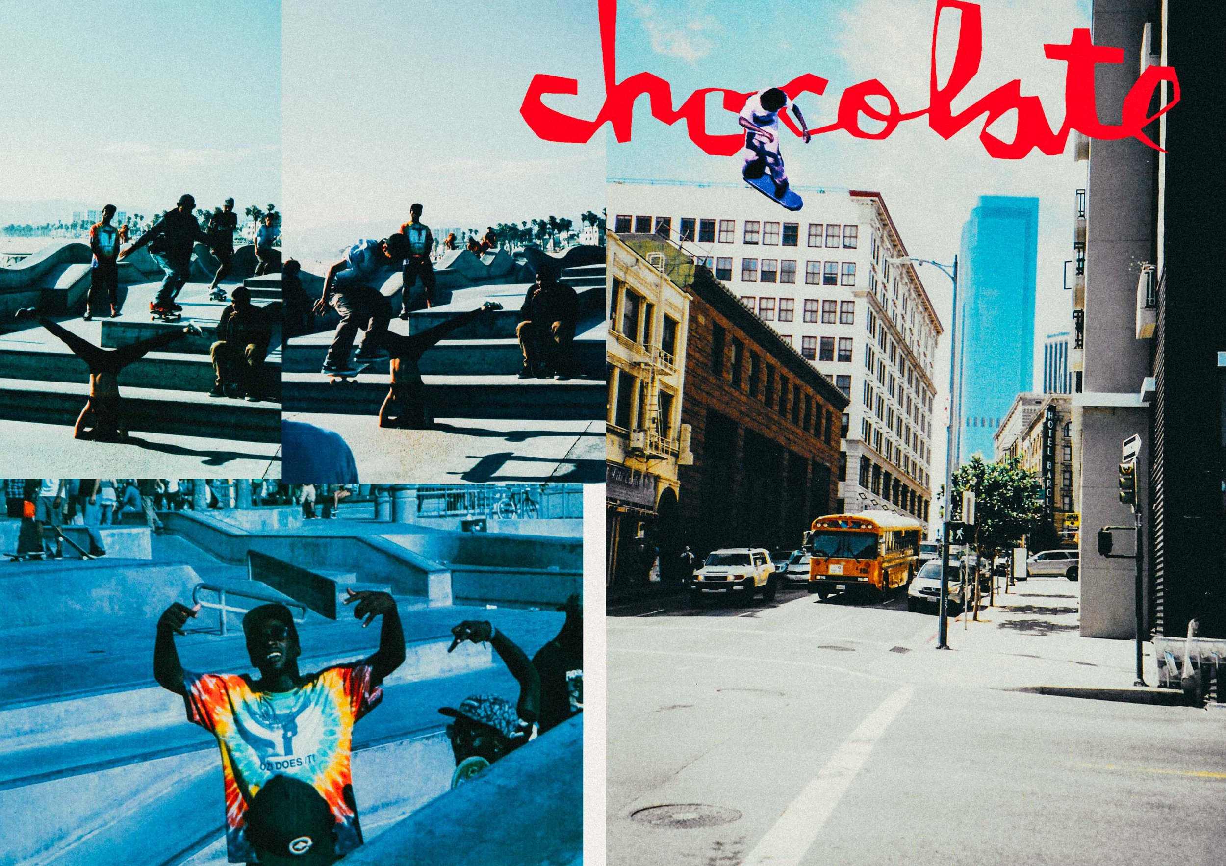 A collage of four images: the top left shows skateboarders on steps at a skate park; the top right shows a skateboarder performing a jump in front of city buildings, with the word 'chocolate' in red graffiti-style lettering; the bottom left features a young man in a tie-dye shirt flexing his arms at a skate park; the bottom right depicts a city street with Cars, a yellow bus, and tall buildings.