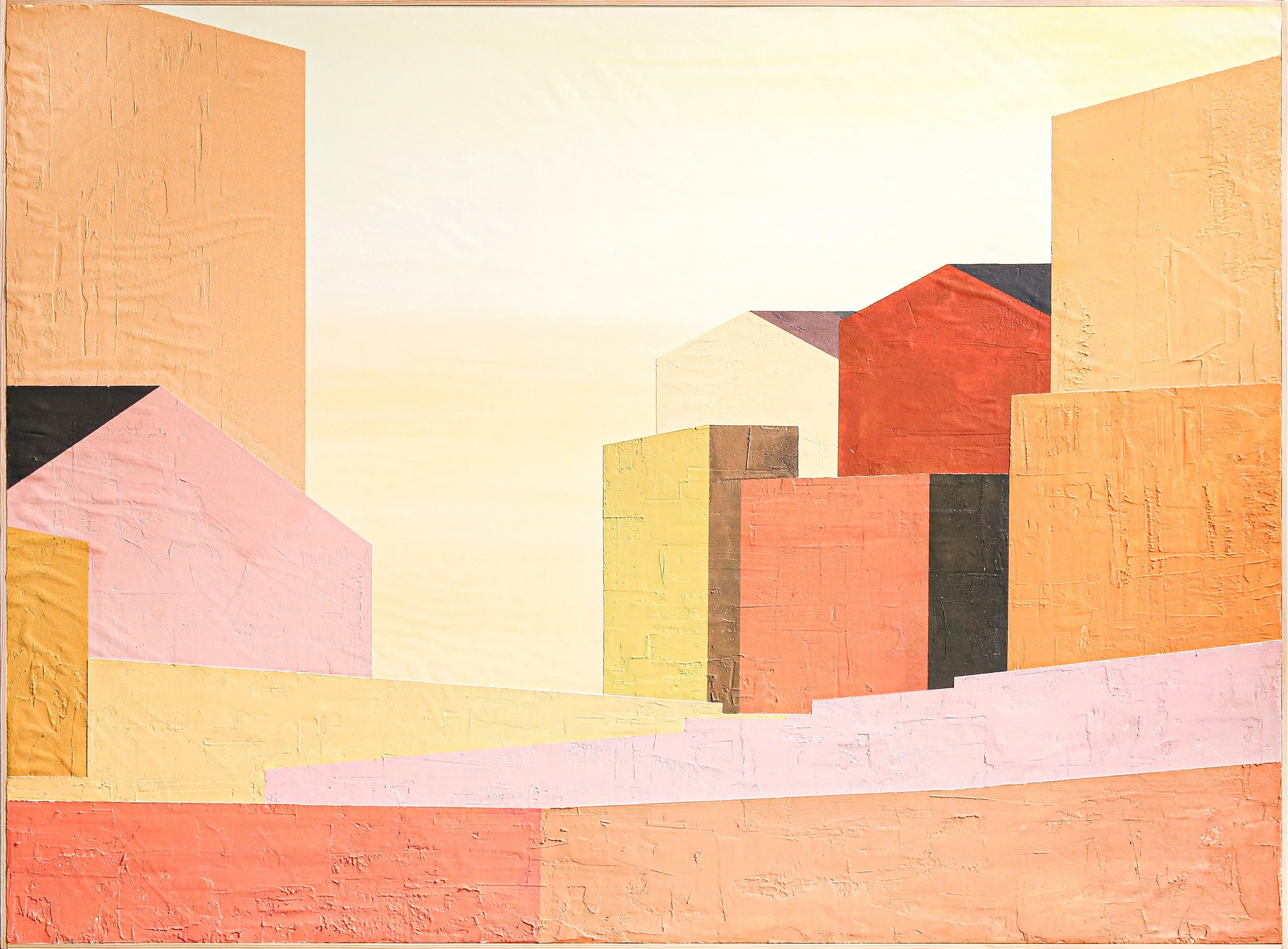Abstract painting of colorful geometric buildings on a city street, with pale yellows, oranges, pinks, and blacks.