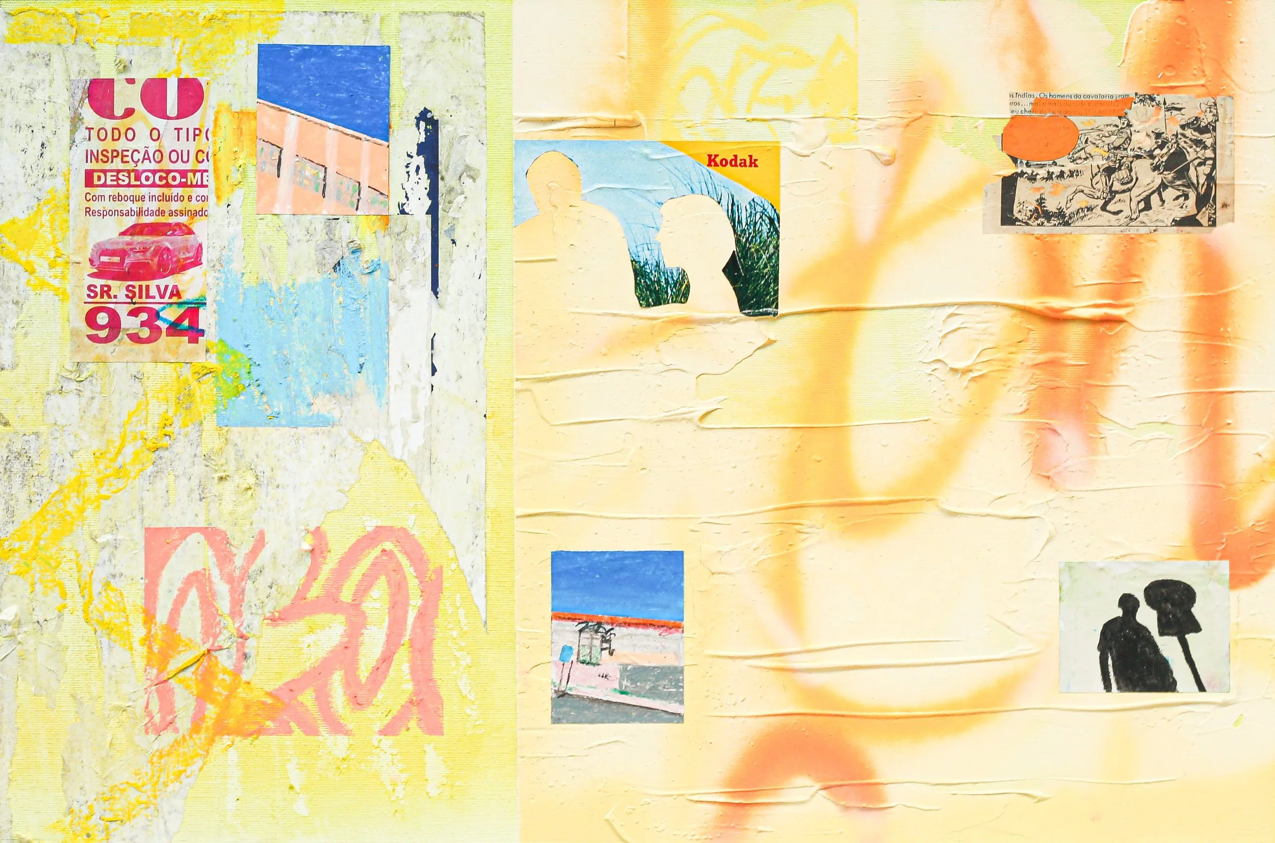A wall with peeling paint and torn posters, featuring various street art images and small photographs, including a Kodak advertisement and silhouettes of people, in pastel colors.