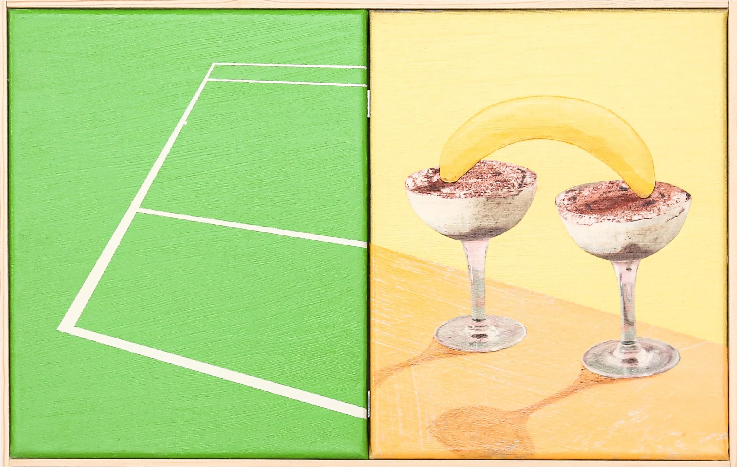 A split image with the left side showing a green tennis court and the right side featuring two dessert glasses with chocolate mousse and banana slices on a yellow background.