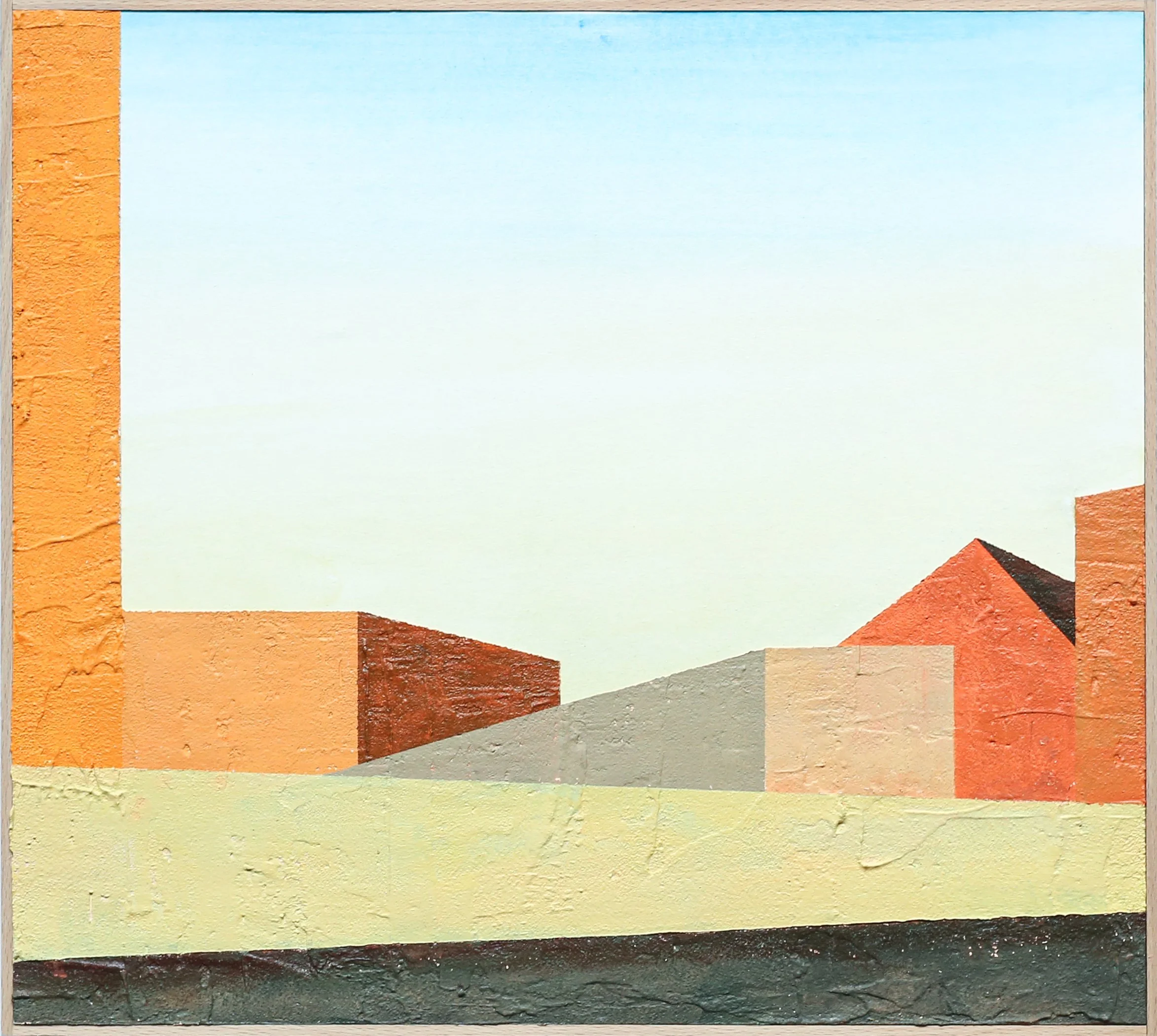 A mural mural painting of geometric buildings in warm colors on a wall, with a light blue sky above.