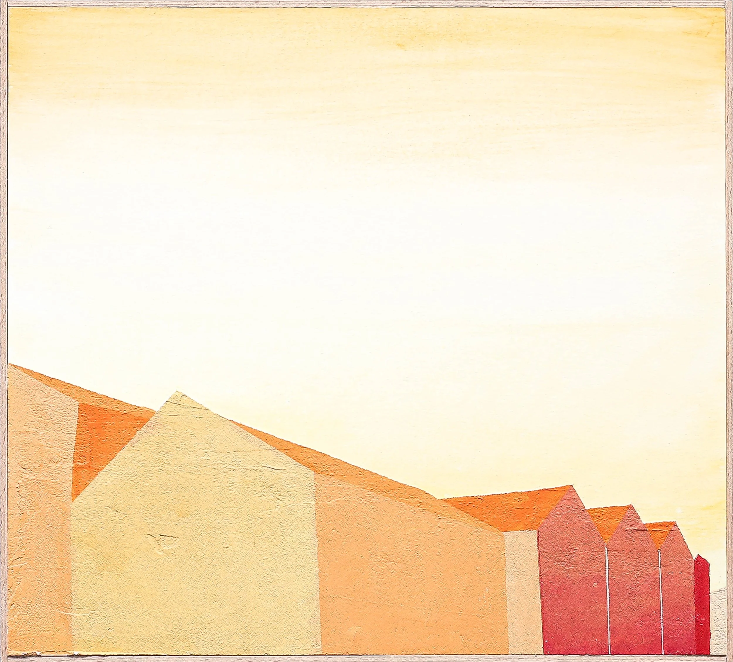 A watercolor painting of a row of houses in warm tones, with a clear sky above.