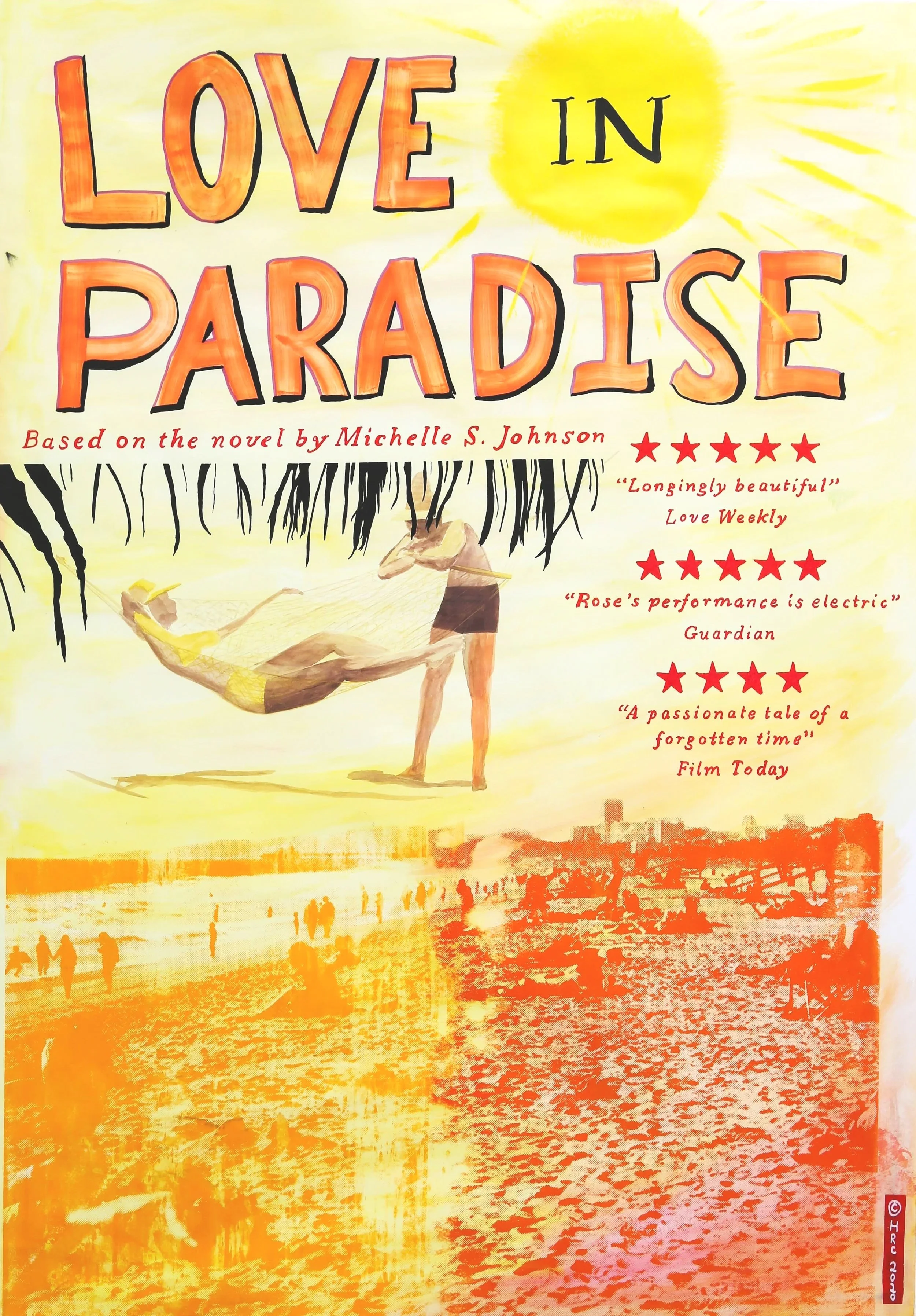 Cover of the book "Love in Paradise" featuring an illustration of two women on a sunny beach, with one woman lifting the other, and seashells as decoration. The title is prominently displayed at the top, with reviews and quotes on the right side.