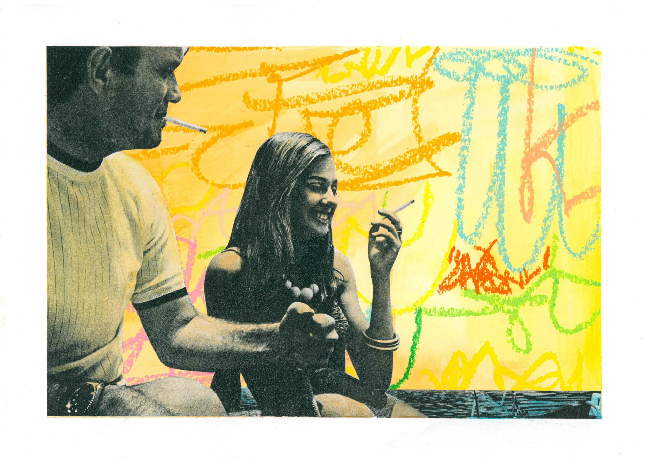 A black-and-white collage of a man and woman smoking cigarettes against a vibrant, colorful graffiti background.