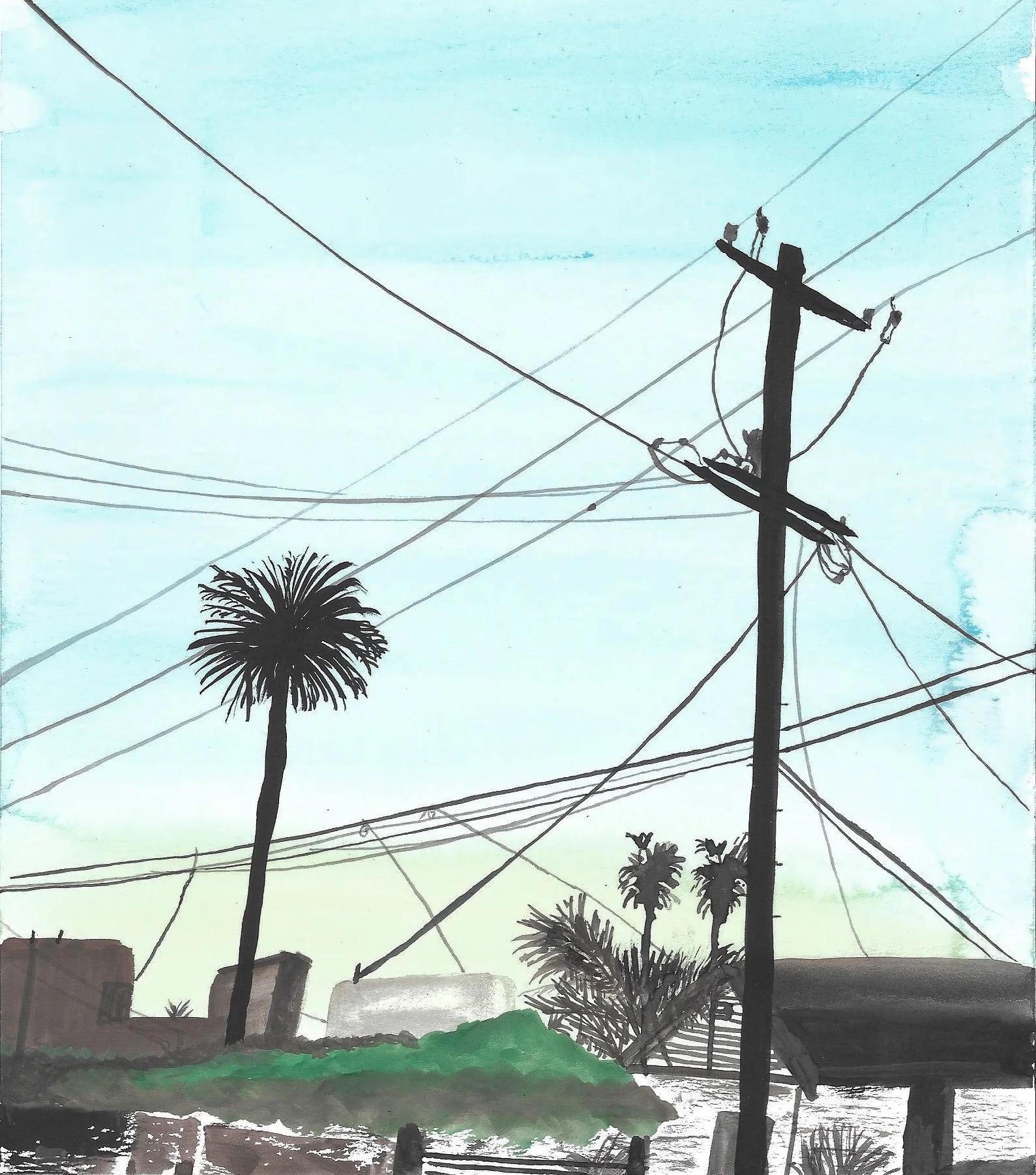 Watercolor painting of a utility pole with power lines, palm trees, and a building against a blue sky.