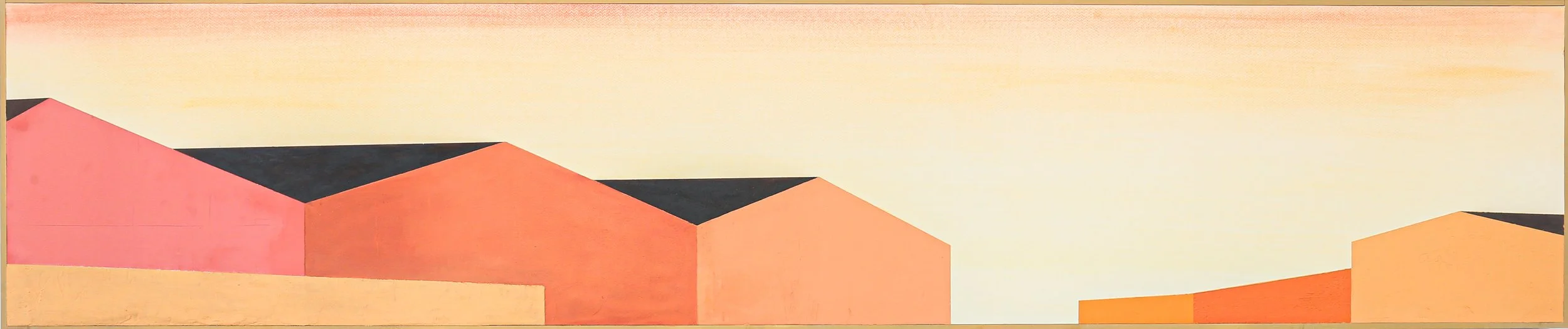 Abstract painting of stylized buildings with triangular rooftops against a pastel sky, using shades of pink, orange, and black.