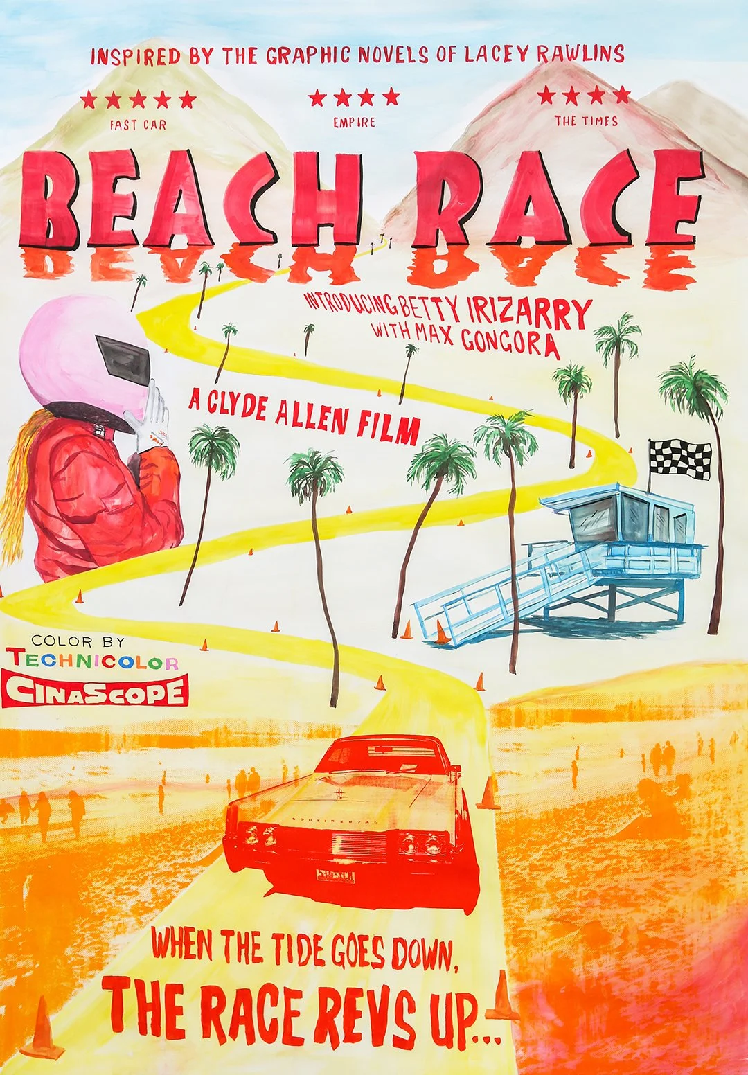 Animated movie poster for "Beach Race" inspired by graphic novels of Lacey Rawlins, featuring a winding yellow race track with orange cones, palm trees, a blue lifeguard tower, a red race car, and a figure with a helmet and a pink helmet mask. The poster includes the title, director Clyde Allen, and mentions new characters Betty Irizarry and Max Gongora, with the tagline "When the tide goes down, the race revs up."