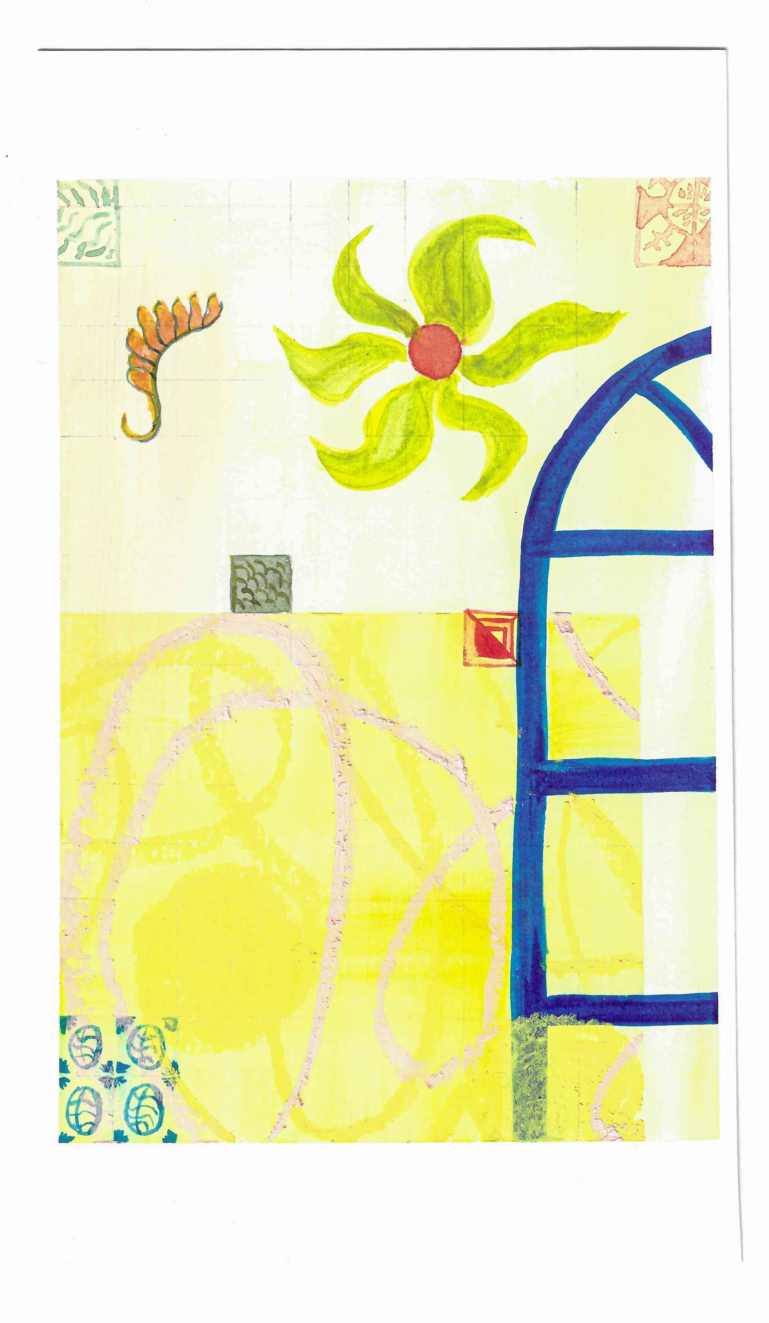 Colorful abstract drawing with a large green and yellow flower, a small orange caterpillar, a blue ladder, and various decorative patterns in the background.