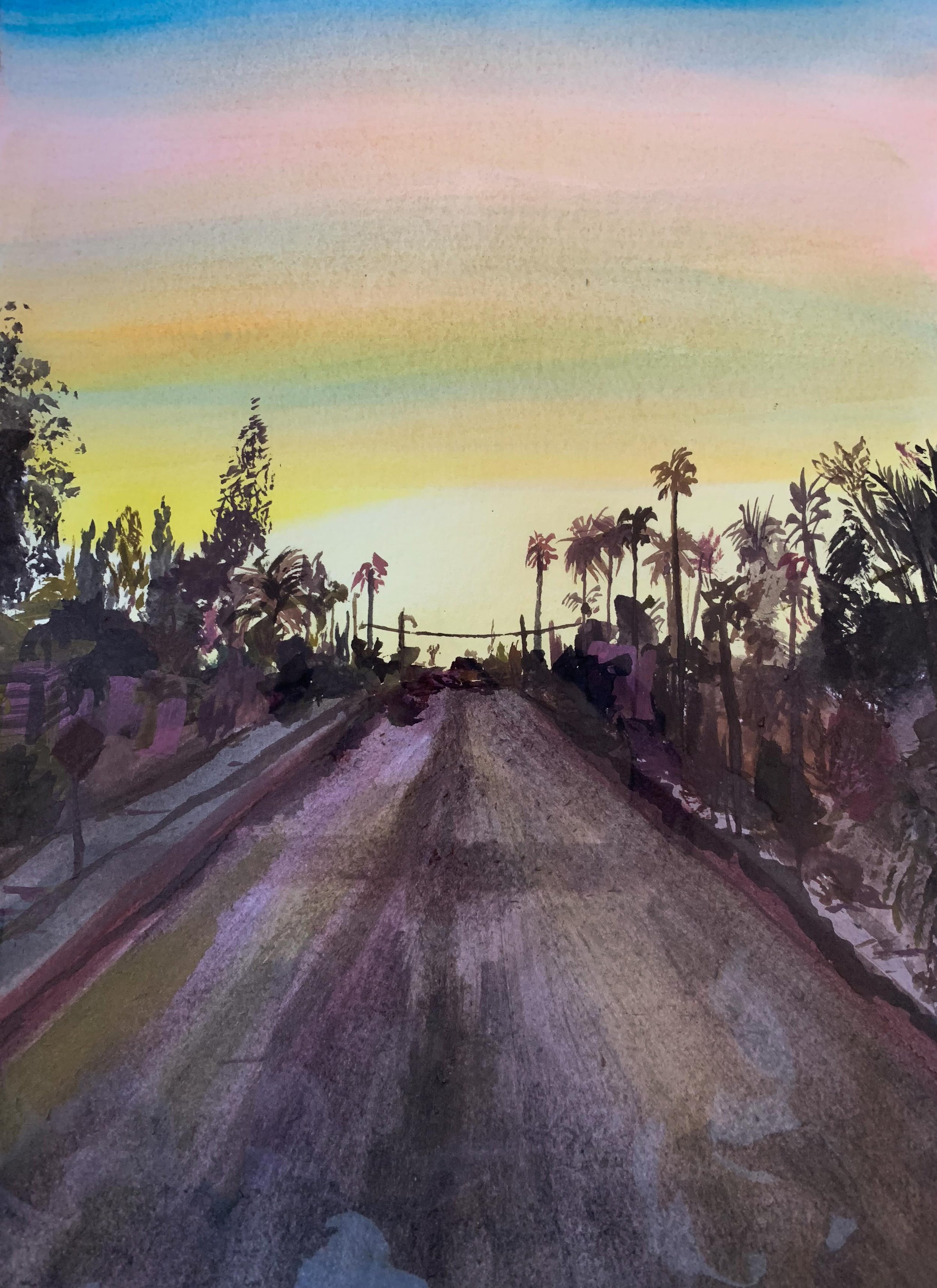 Watercolor painting of a dirt road with palm trees on either side, under a colorful sunset sky with soft pink, yellow, and blue hues.