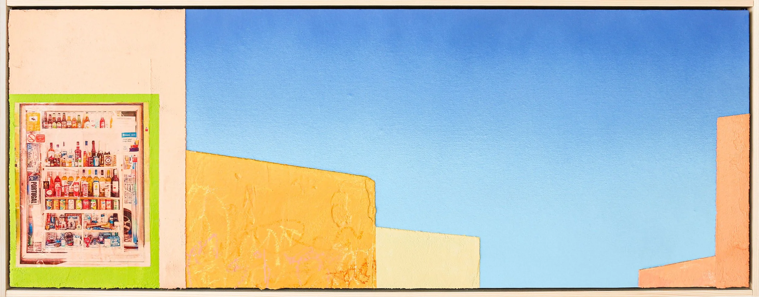 Painted wall mural featuring a refrigerator filled with beverages on a green background, a yellow wall section, and a blue sky with a pink wall section on the right.