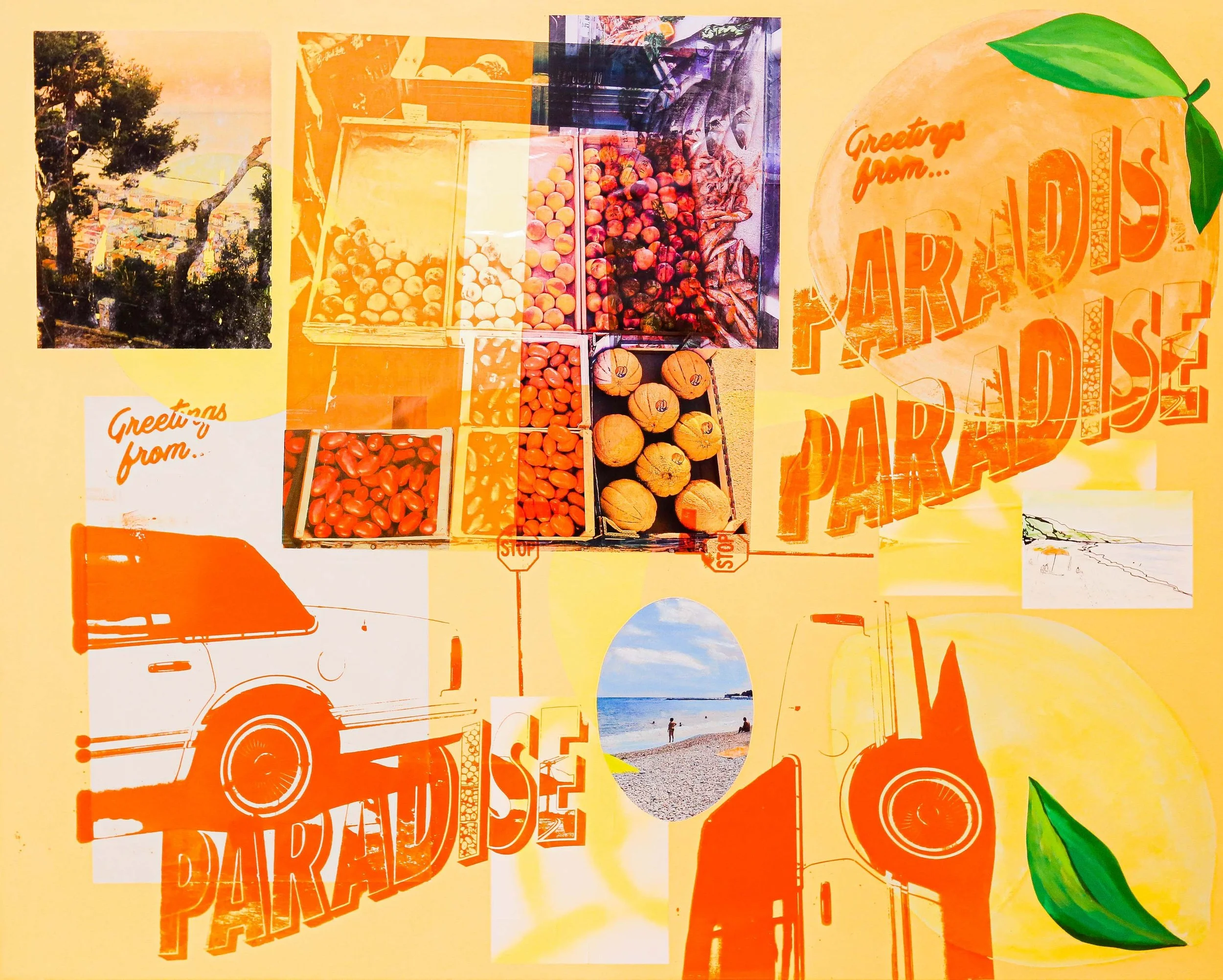 Collage of images including a beach scene with people, a vintage car illustration, crates of various fresh fruits, a large peach with the words 'Greetings from... PARADISE' written on it, and scattered green leaves.