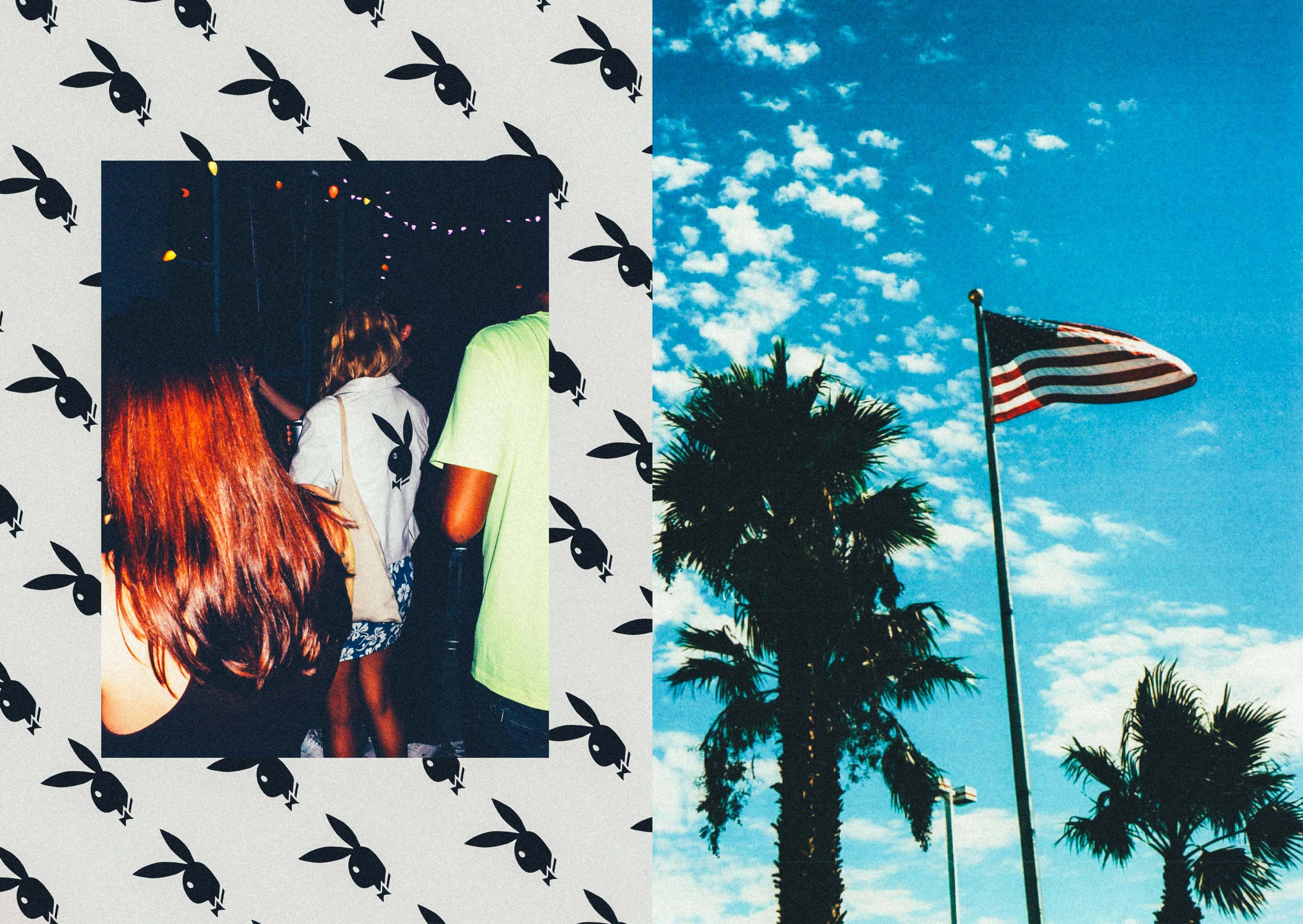 Photo split into two sections: left shows a nightclub scene with people, and right shows palm trees with an American flag on a clear blue sky.