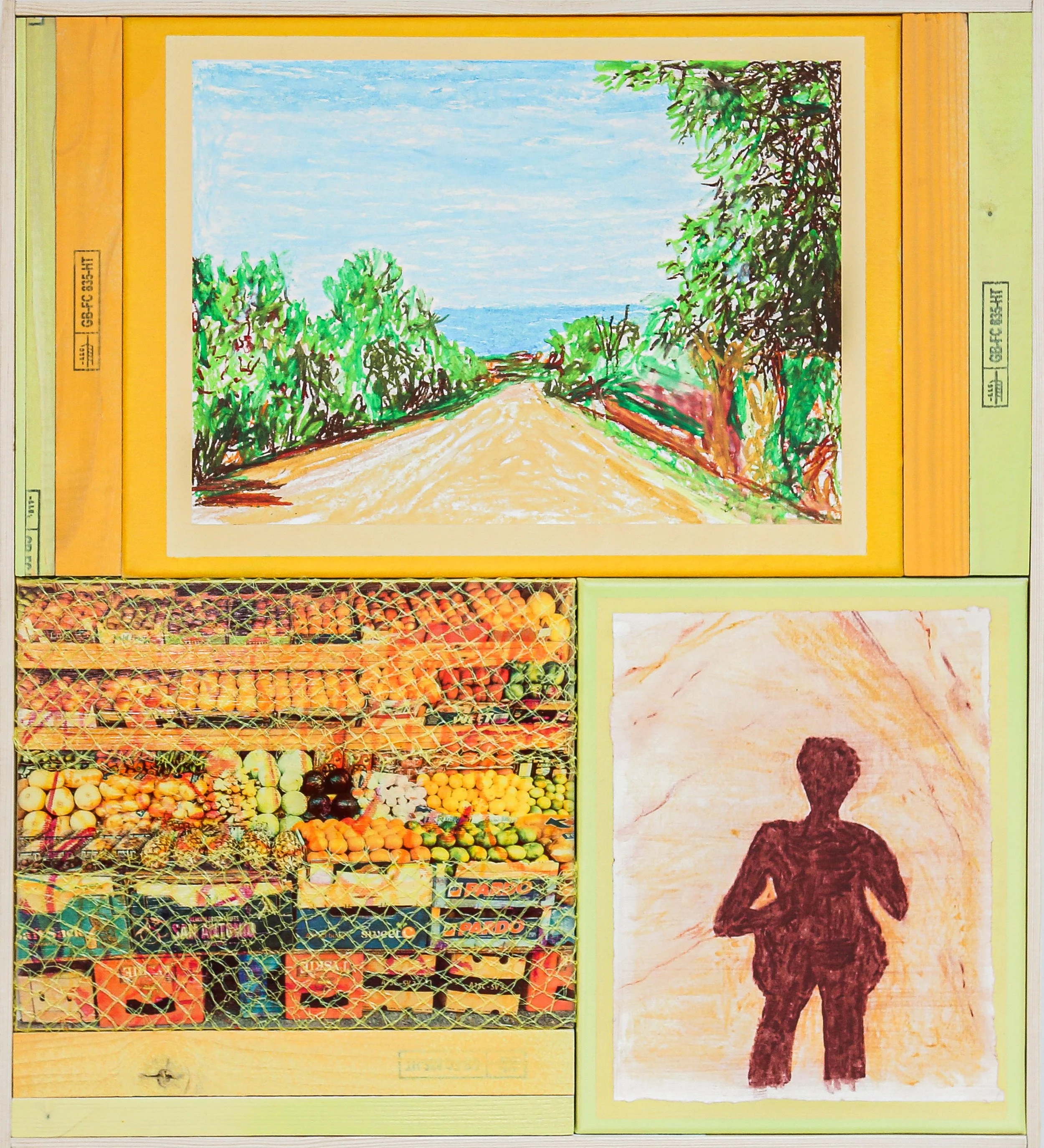 A collage of three images. The top image is a colorful drawing of a dirt road leading to the ocean, with green trees on either side and a blue sky above. The bottom left image is a photograph of a display of assorted fresh fruits in crates, stacked behind a wire mesh. The bottom right image is a drawing of a person in silhouette, standing with hands on hips, against a warm, textured background.