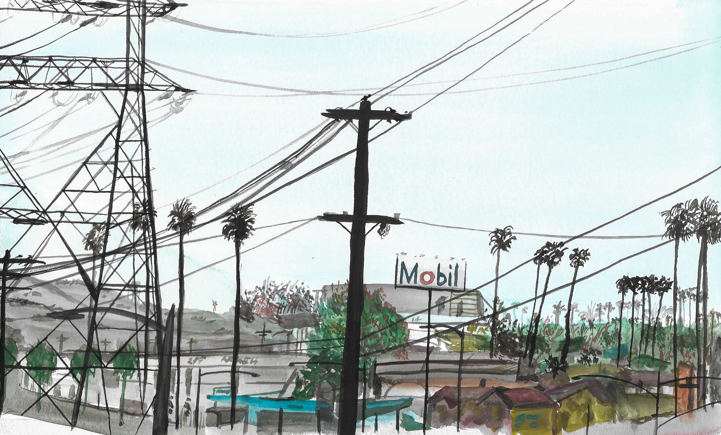 Sketch of power lines, palm trees, and a mobile gas station sign in a semi-urban area.