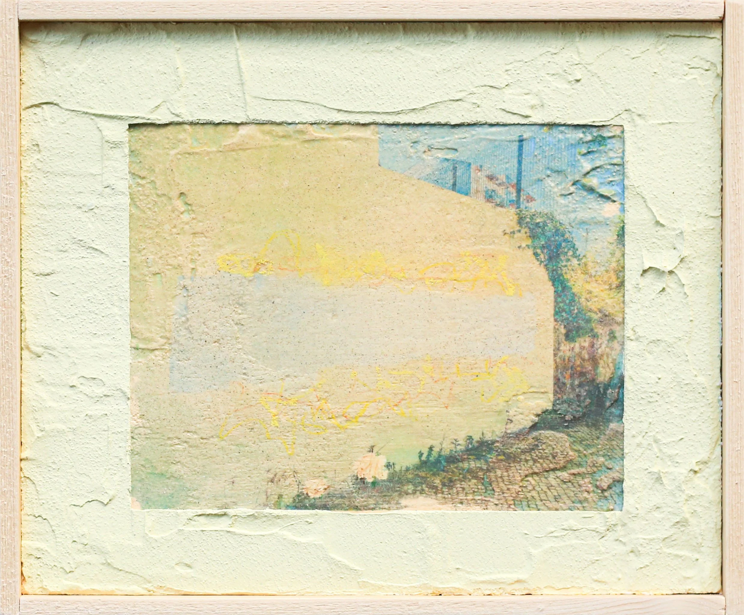 A framed, weathered, and partially peeled billboard poster with faded colors depicting a Ferris wheel, some trees, and sky in the background.